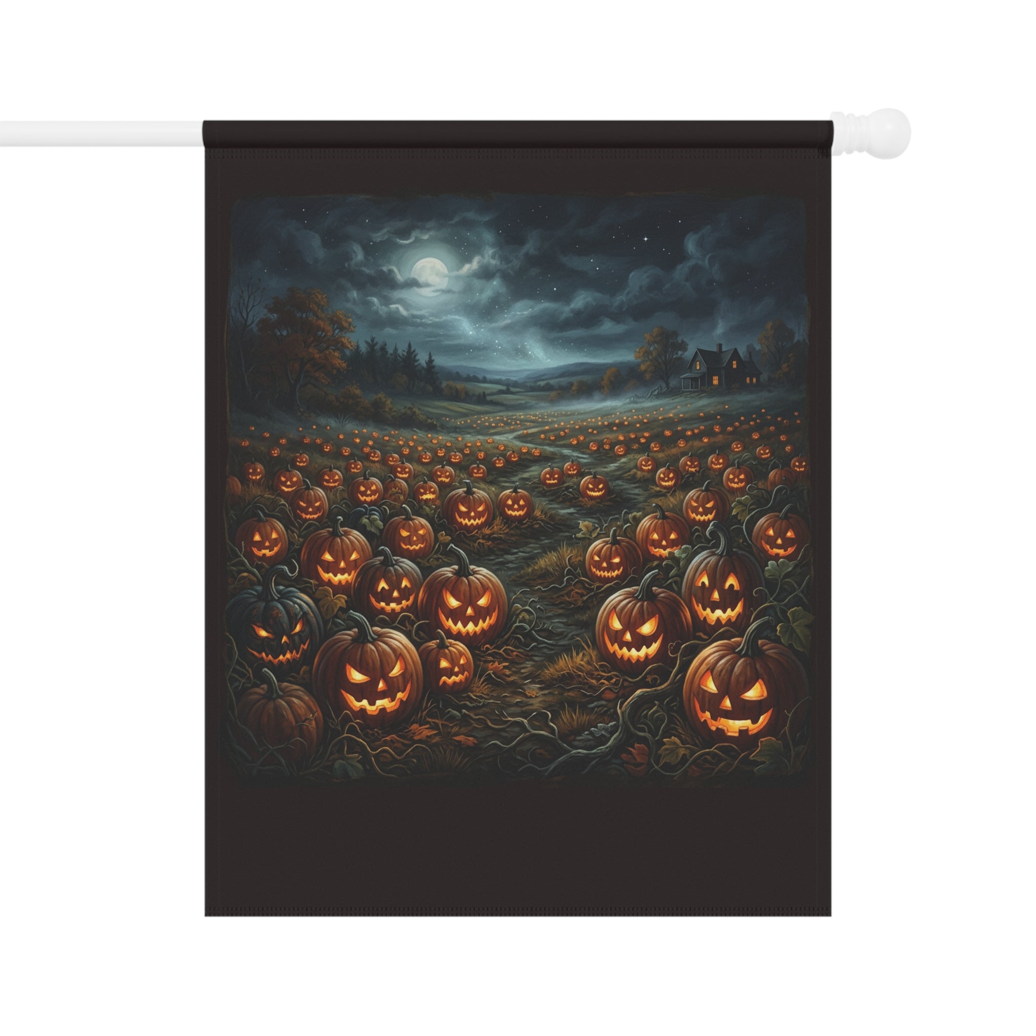 Halloween Jack-O'-Lantern Garden Flag — Spooky Moonlit Pumpkin Patch Banner