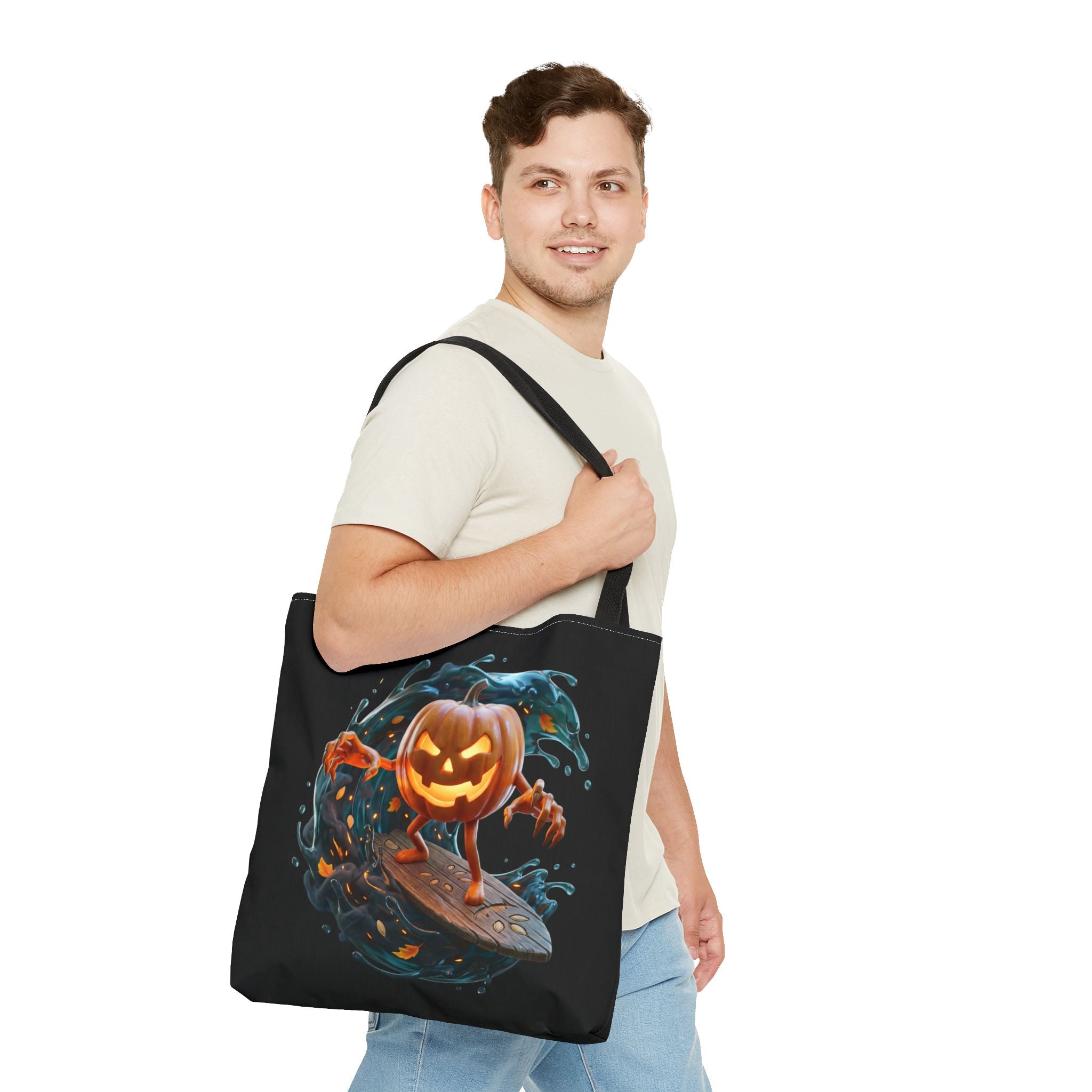 Halloween Pumpkin Surf Tote Bag — Spooky Jack-O'-Lantern Surfing Beach Tote