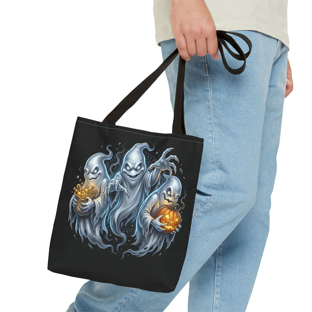 Halloween Ghost Trio Tote Bag — Spooky Pumpkin Trick-or-Treat AOP Tote