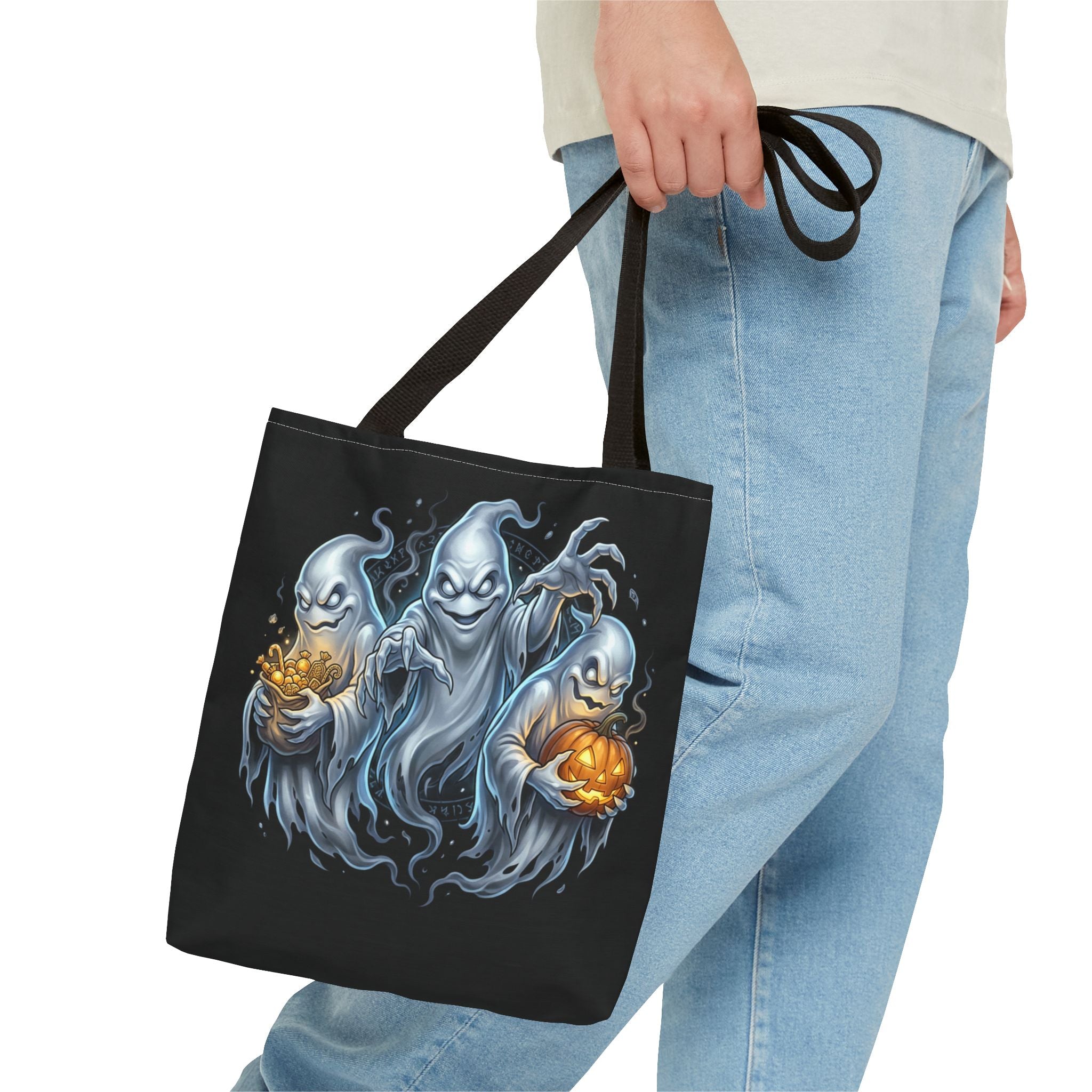 Halloween Ghost Trio Tote Bag — Spooky Pumpkin Trick-or-Treat AOP Tote