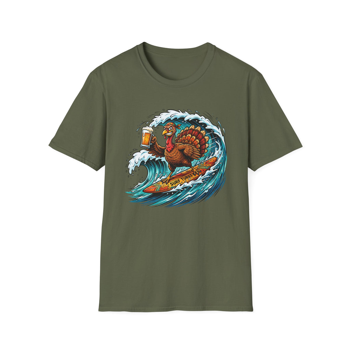 Turkey Surfing With Beer T-Shirt — Funny Thanksgiving Surfboard Tee