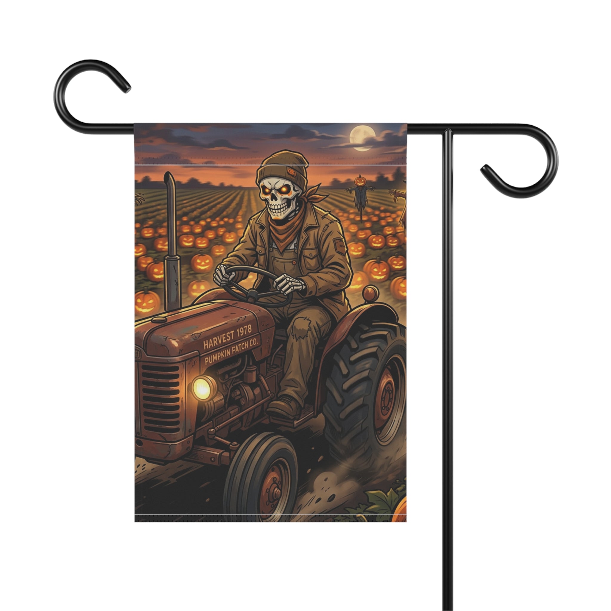 Halloween Pumpkin Patch Garden Flag – Skeleton Farmer on Tractor Fall Yard Banner