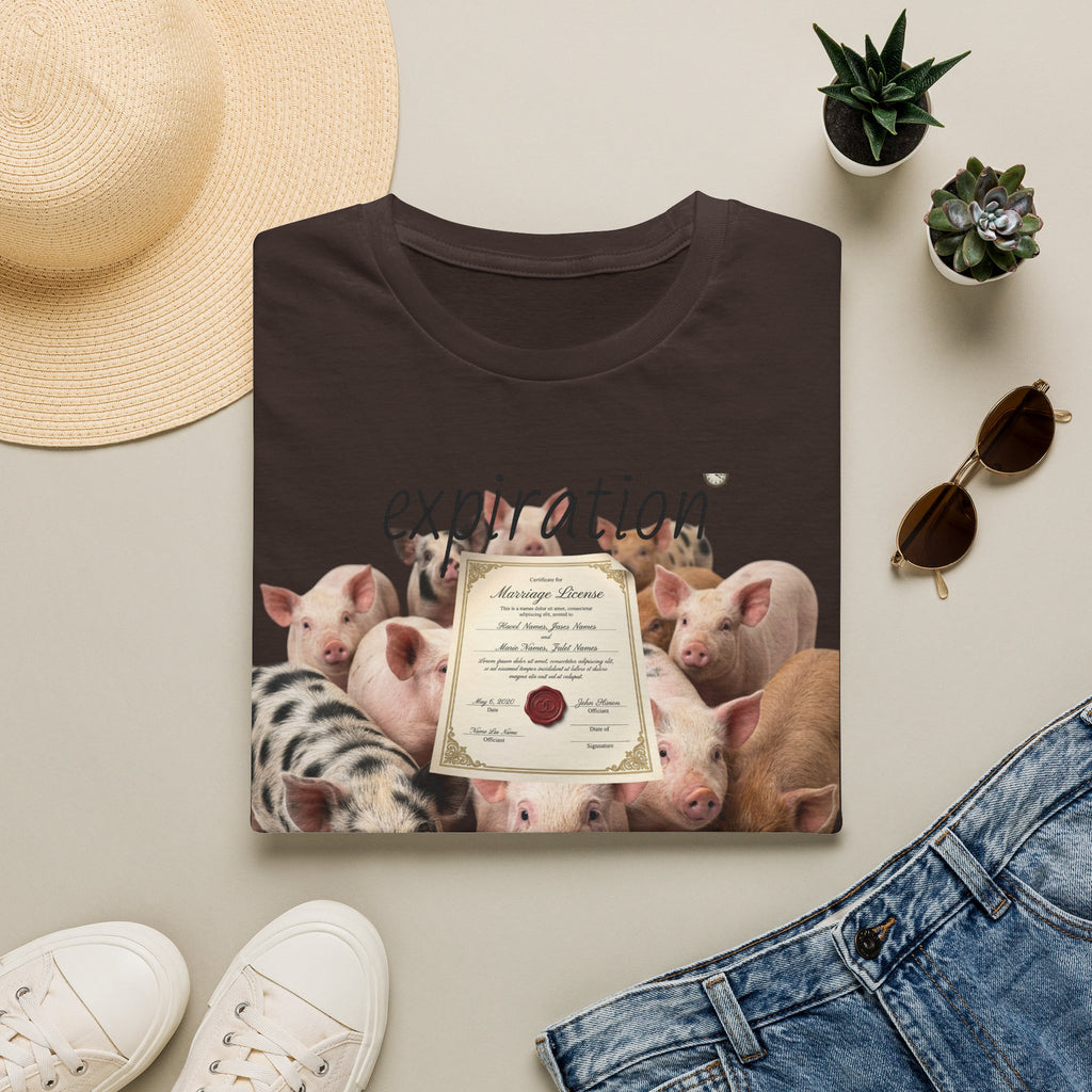 Pig Adoption Certificate T-Shirt — "Expiration Date" Cute Farm Piglet Tee