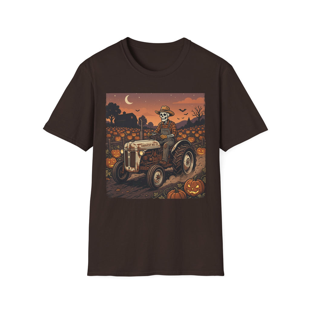 Skeleton Farmer Pumpkin Patch T‑Shirt — Harvest Moon Halloween Tee