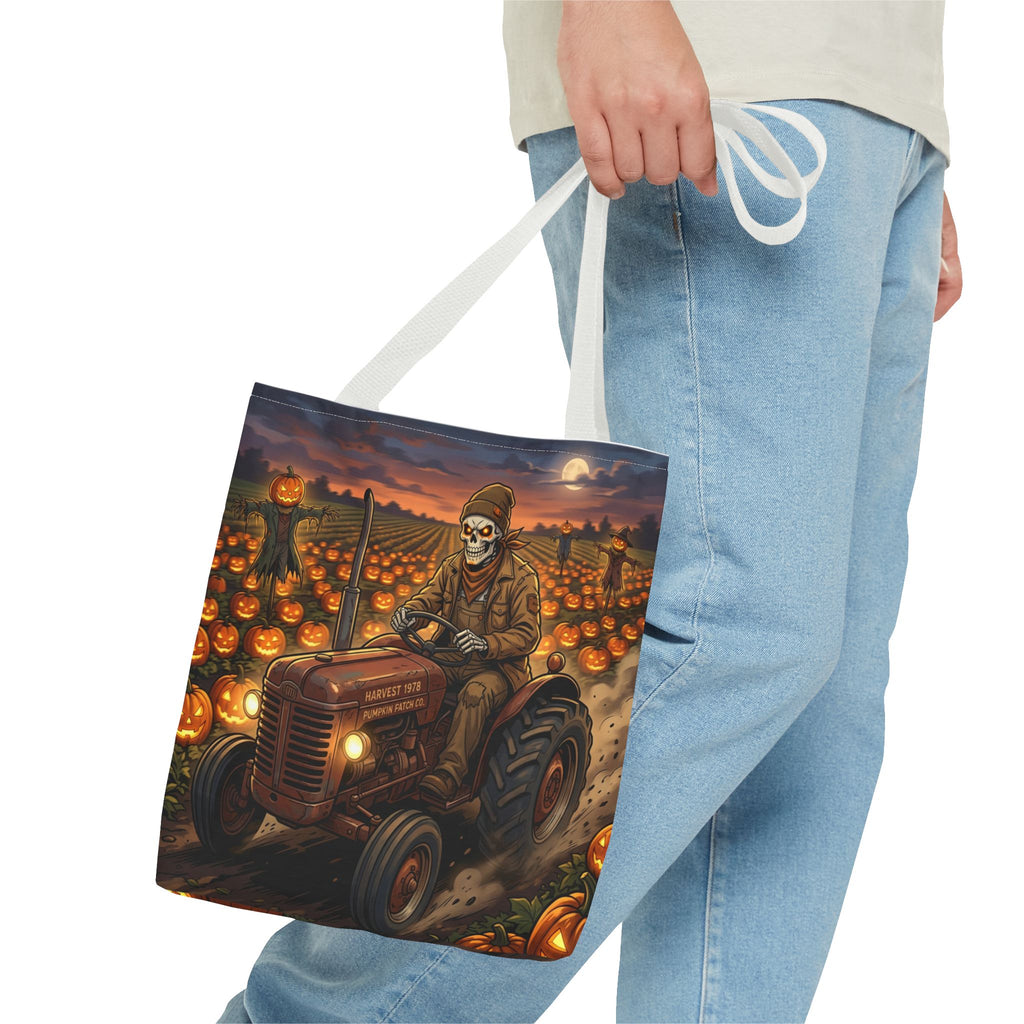 Halloween Pumpkin Field Tote — Skeletal Farmer on Tractor AOP Tote Bag