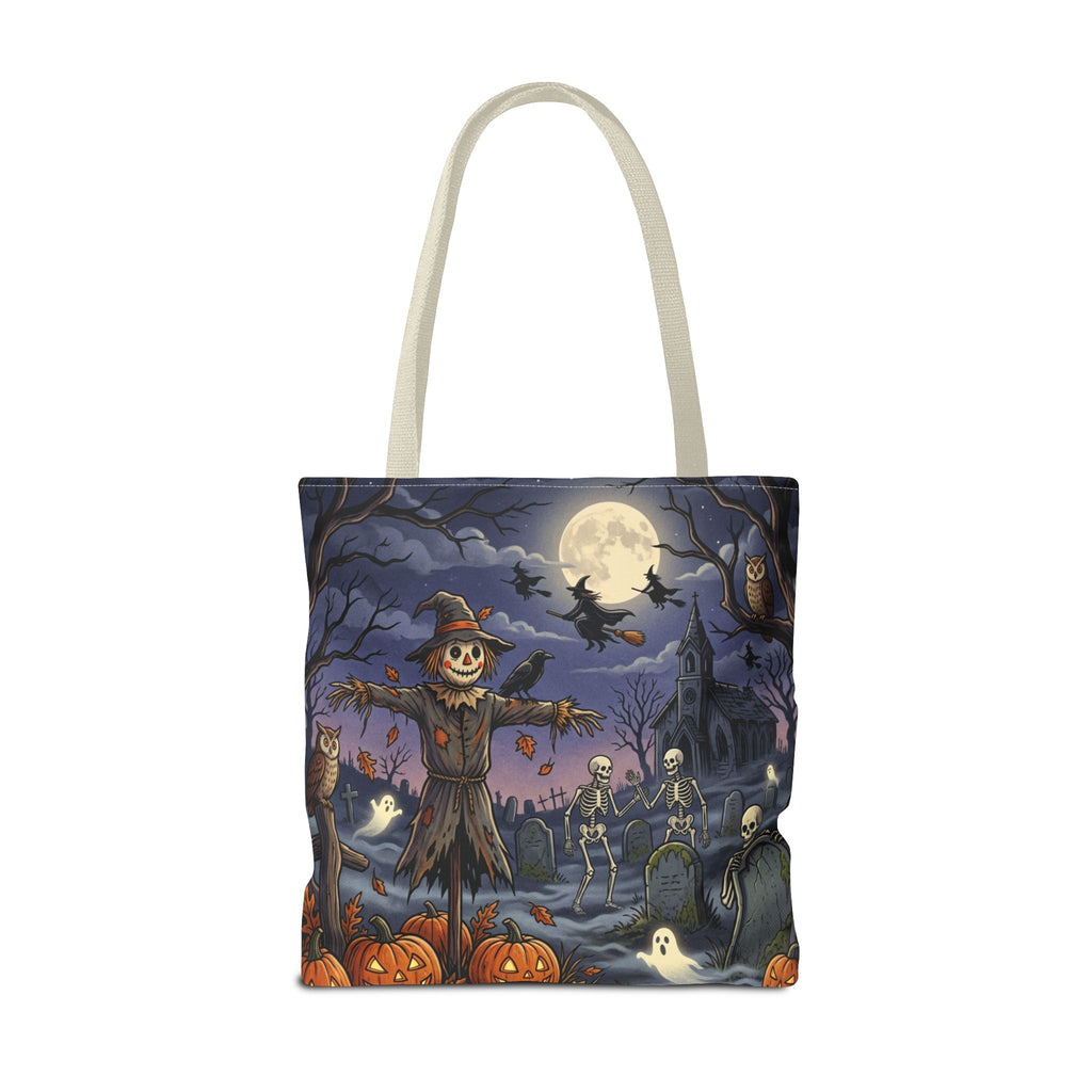 Halloween Haunted Night Tote Bag – Spooky Scarecrow & Skeletons All-Over Print