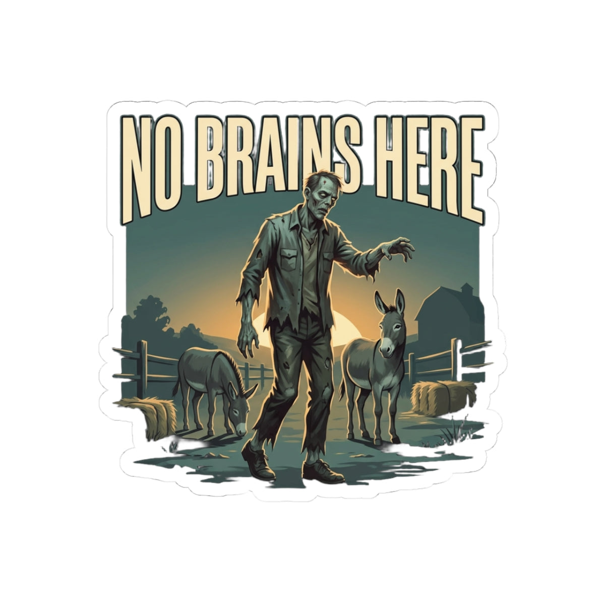 No Brains Here Zombie Farm Sunset Halloween Kiss-Cut Sticker