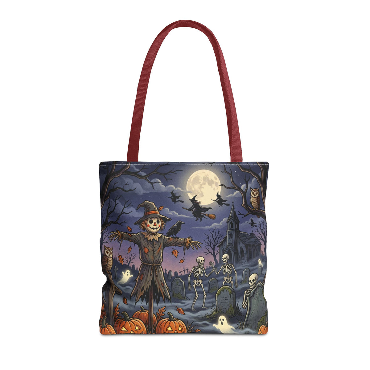 Halloween Haunted Night Tote Bag – Spooky Scarecrow & Skeletons All-Over Print