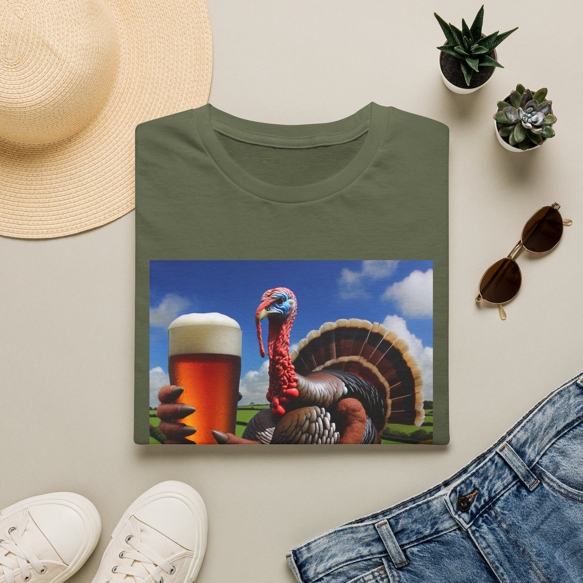 Thankful Turkey Beer T-Shirt — Funny Thanksgiving Turkey Holding Pint Tee