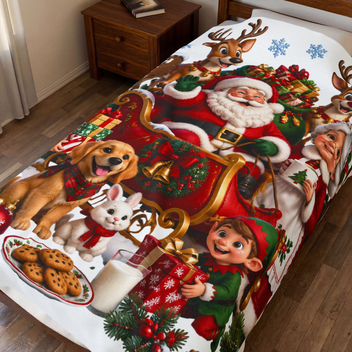 North Pole Christmas Santa & Reindeer Velveteen Plush Blanket