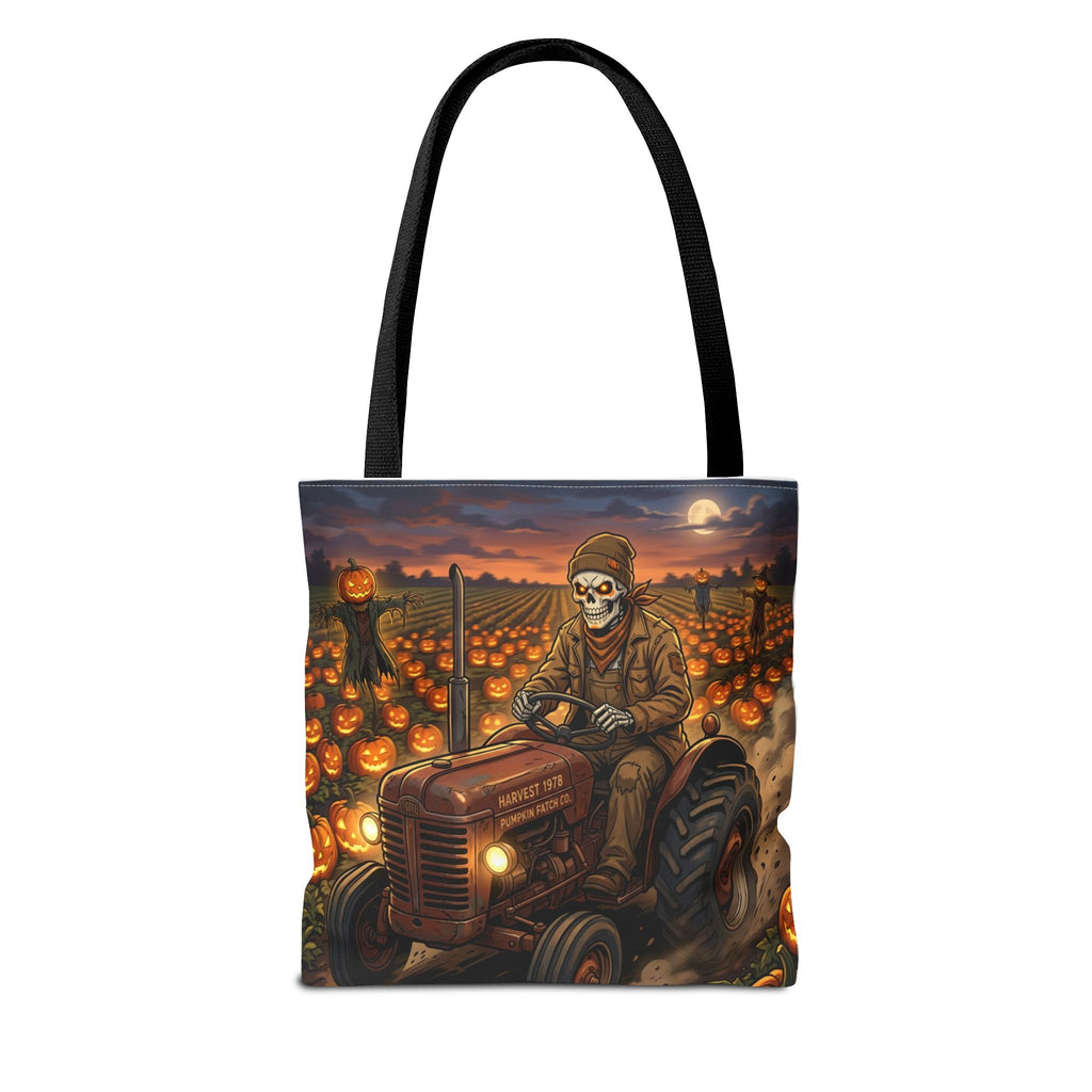 Halloween Pumpkin Field Tote — Skeletal Farmer on Tractor AOP Tote Bag
