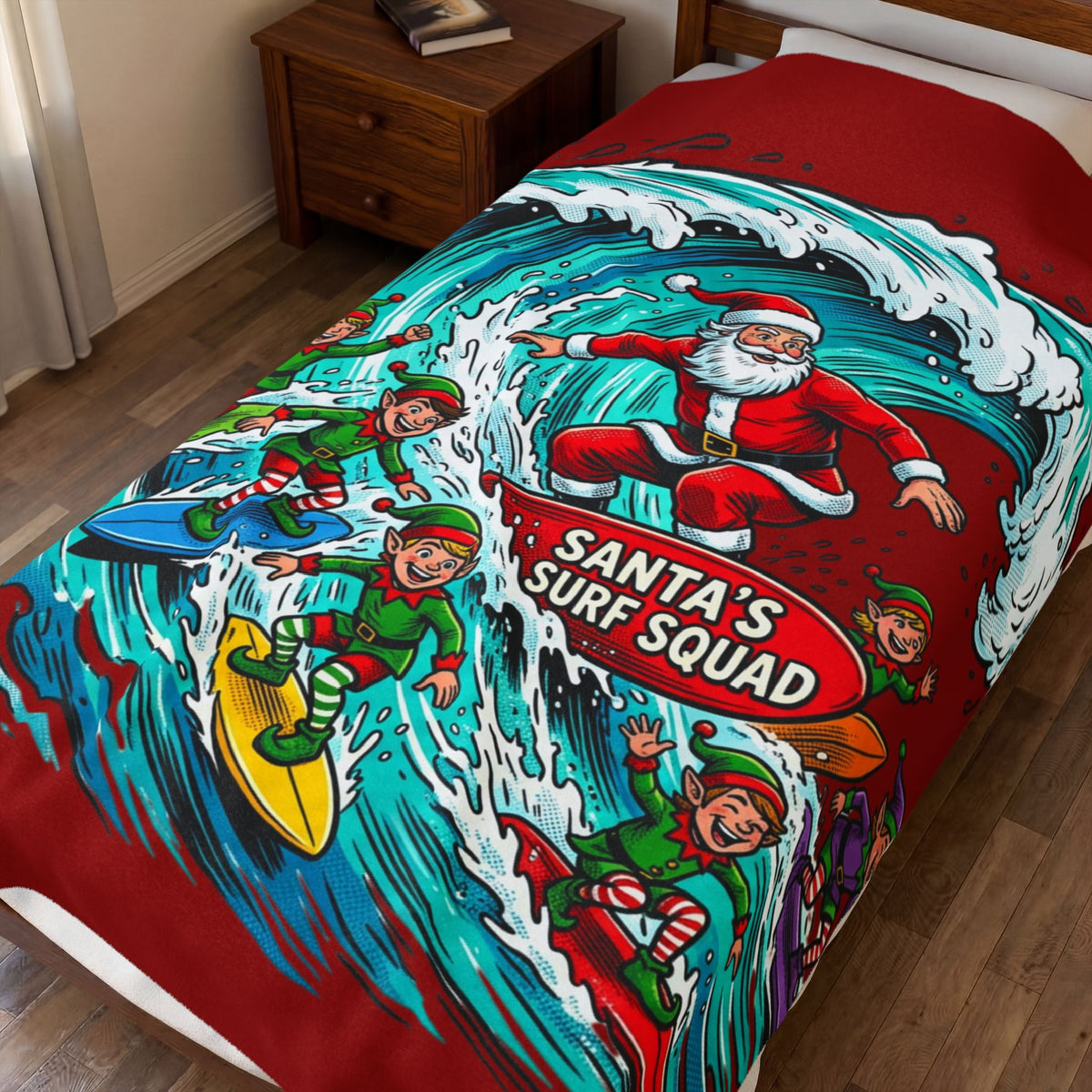 Christmas Surf Blanket — "Santa's Surf Squad" Velveteen Throw