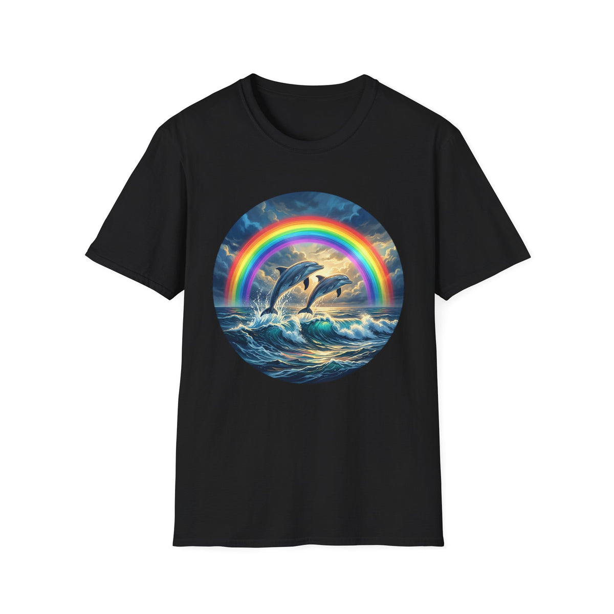 Dolphin Rainbow Wave T-Shirt — Ocean Sunset Graphic Tee