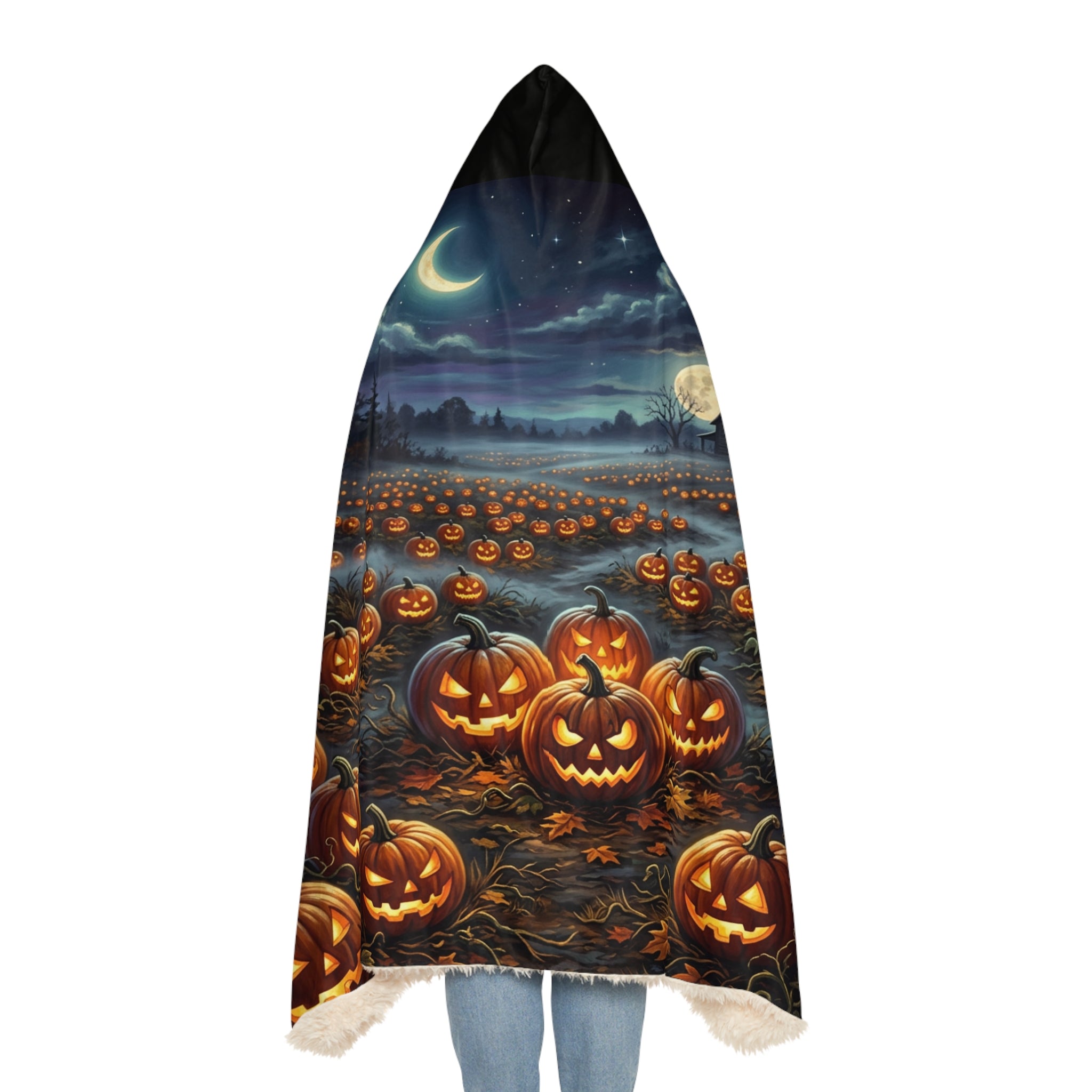 Halloween Pumpkin Field Snuggle Blanket – Hooded Cozy Throw for Fall & Spooky Season