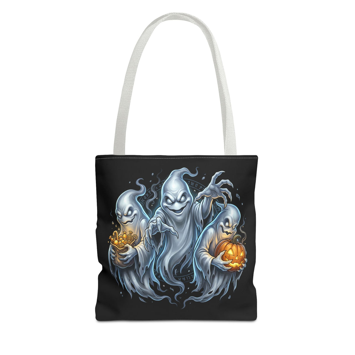 Halloween Ghost Trio Tote Bag — Spooky Pumpkin Trick-or-Treat AOP Tote