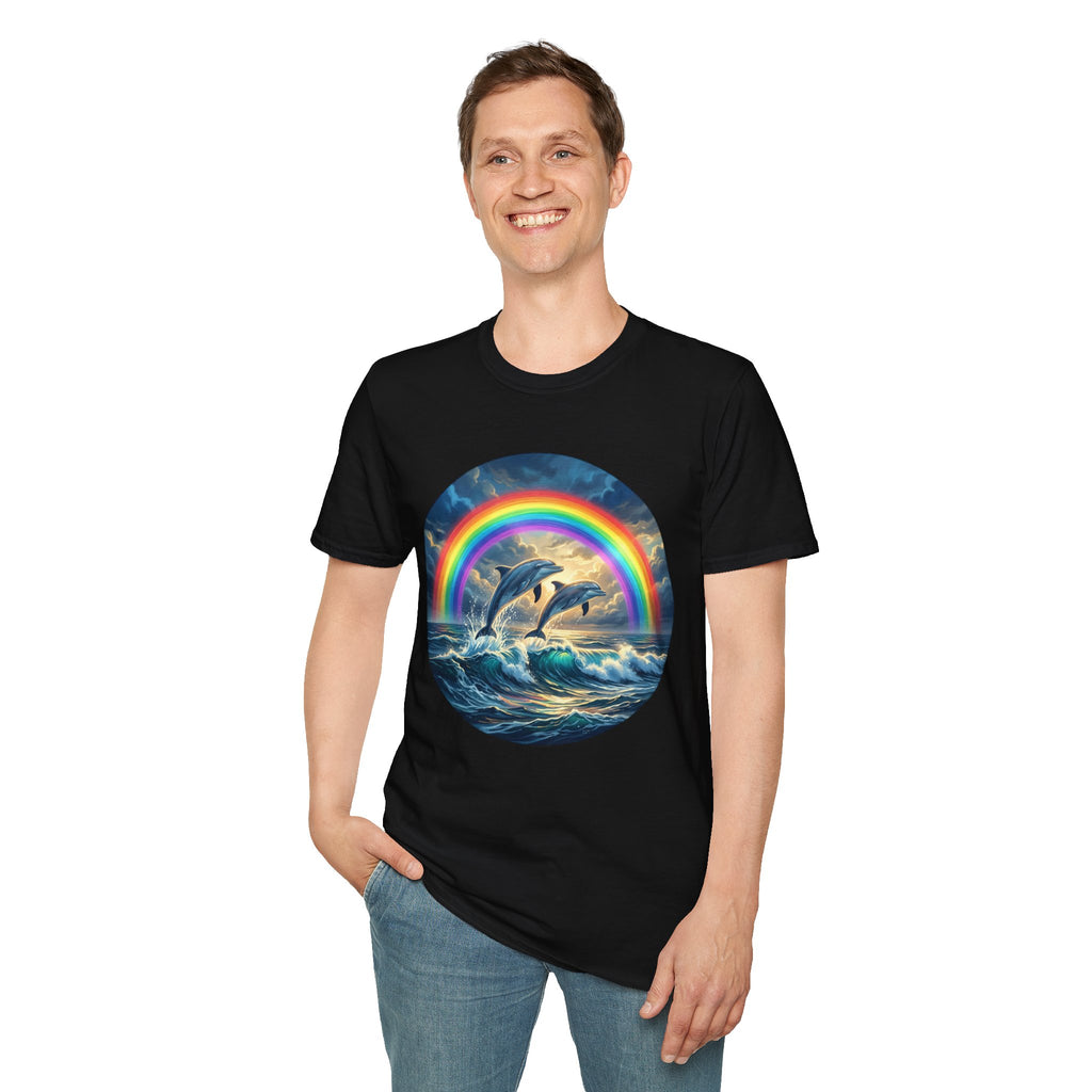 Dolphin Rainbow Wave T-Shirt — Ocean Sunset Graphic Tee