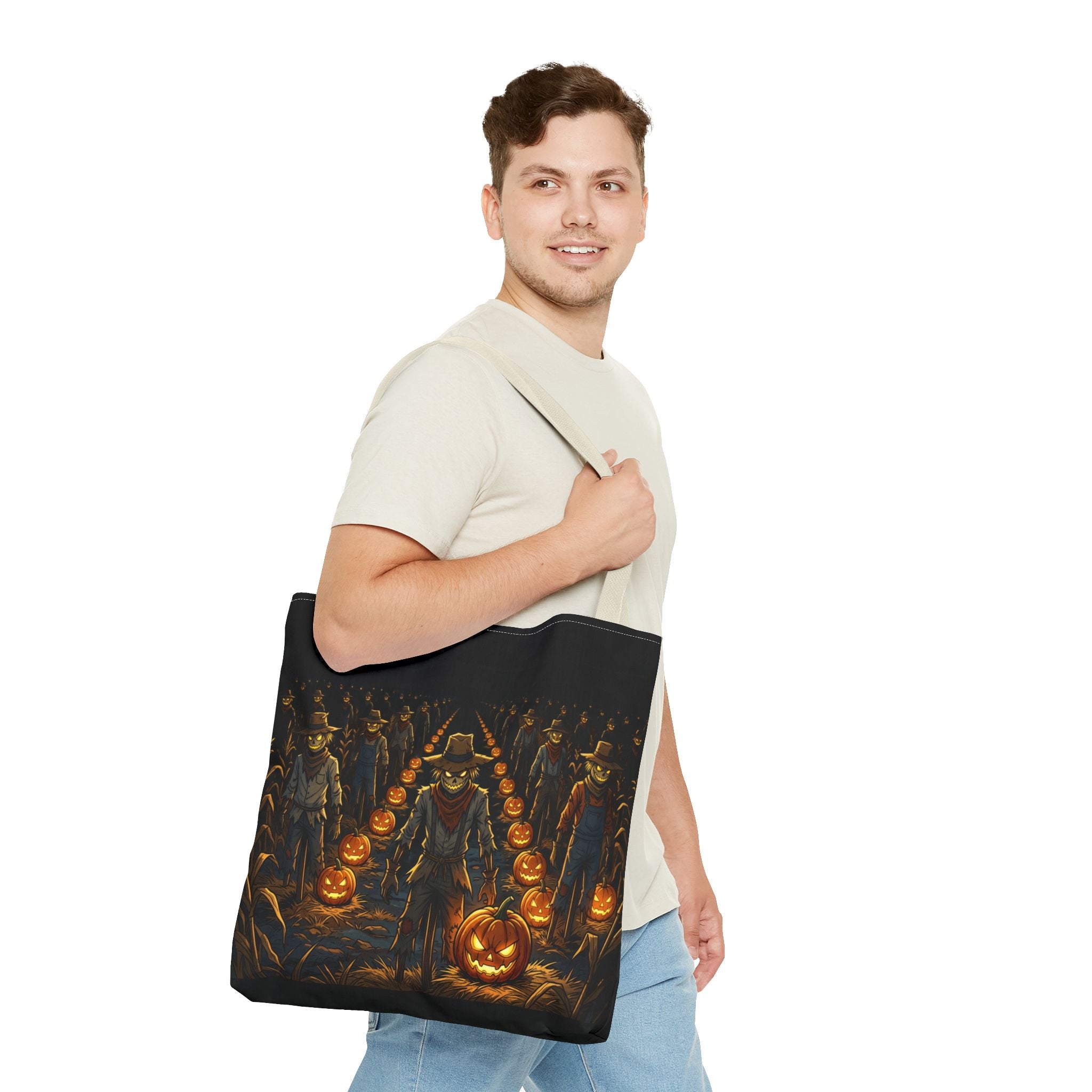 Halloween Scarecrow Parade Tote Bag – Spooky Pumpkin Field All-Over Print Tote