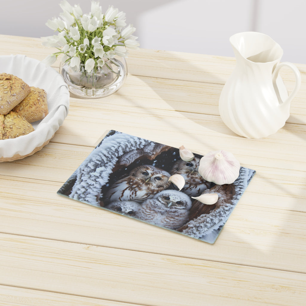Owl Family Winter Cutting Board — Snowy Woodland Kitchen Decor