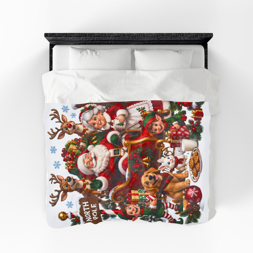 North Pole Christmas Santa & Reindeer Velveteen Plush Blanket