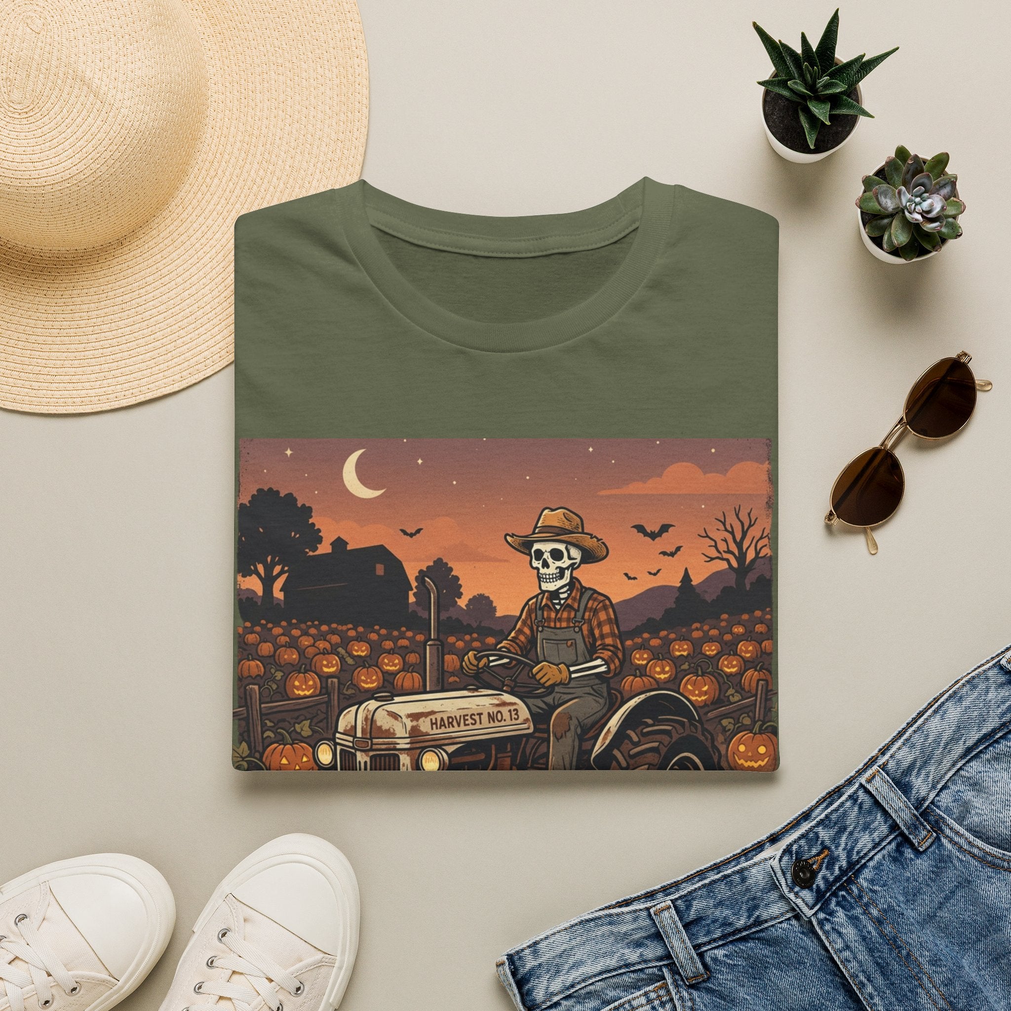 Skeleton Farmer Pumpkin Patch T‑Shirt — Harvest Moon Halloween Tee