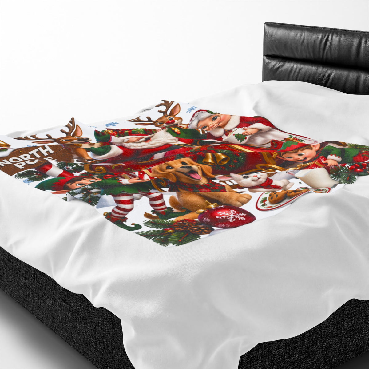 North Pole Christmas Santa & Reindeer Velveteen Plush Blanket