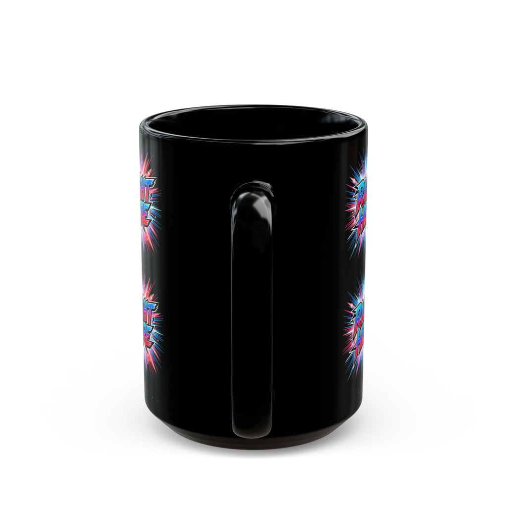 Right Here Comic Burst Black Coffee Mug — Retro Pop Art Graphic 11oz/15oz