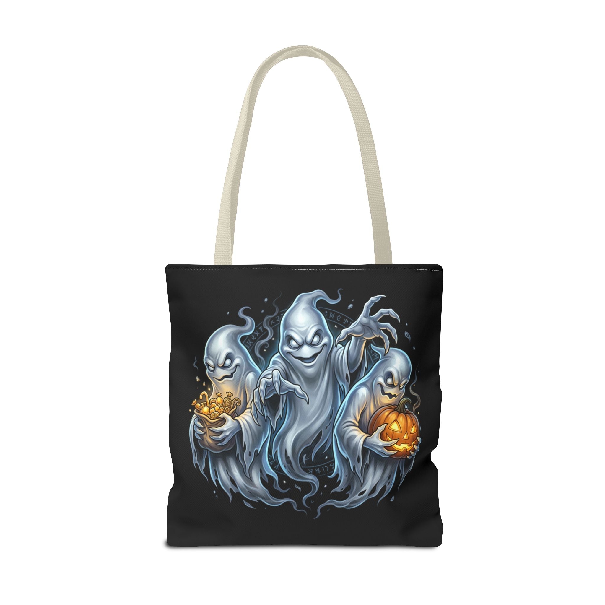 Halloween Ghost Trio Tote Bag — Spooky Pumpkin Trick-or-Treat AOP Tote