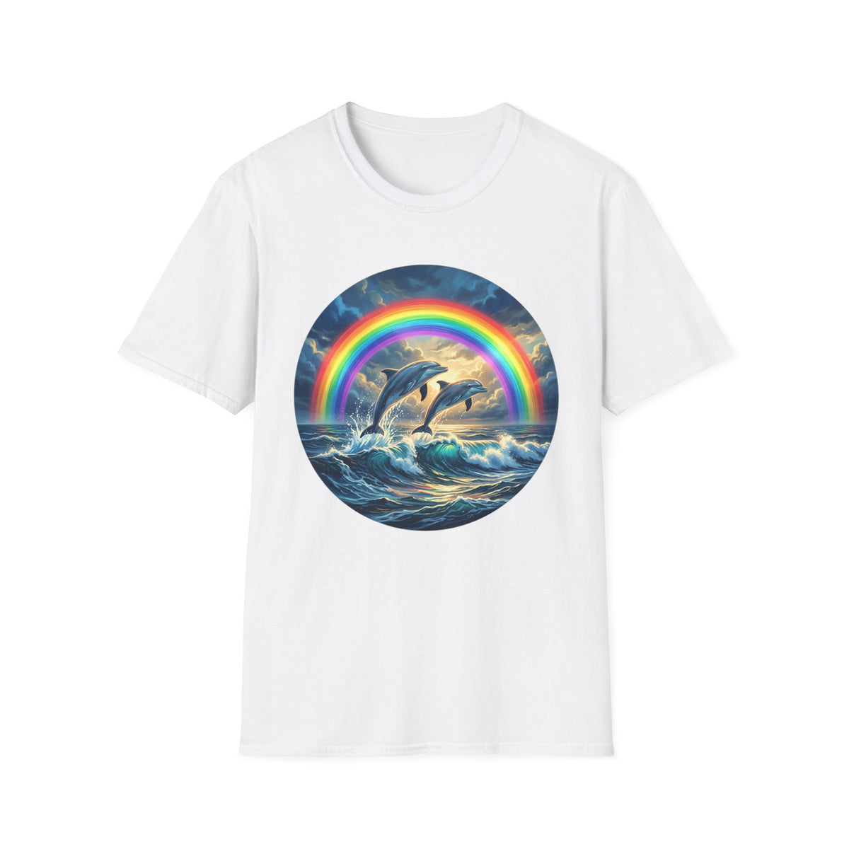 Dolphin Rainbow Wave T-Shirt — Ocean Sunset Graphic Tee