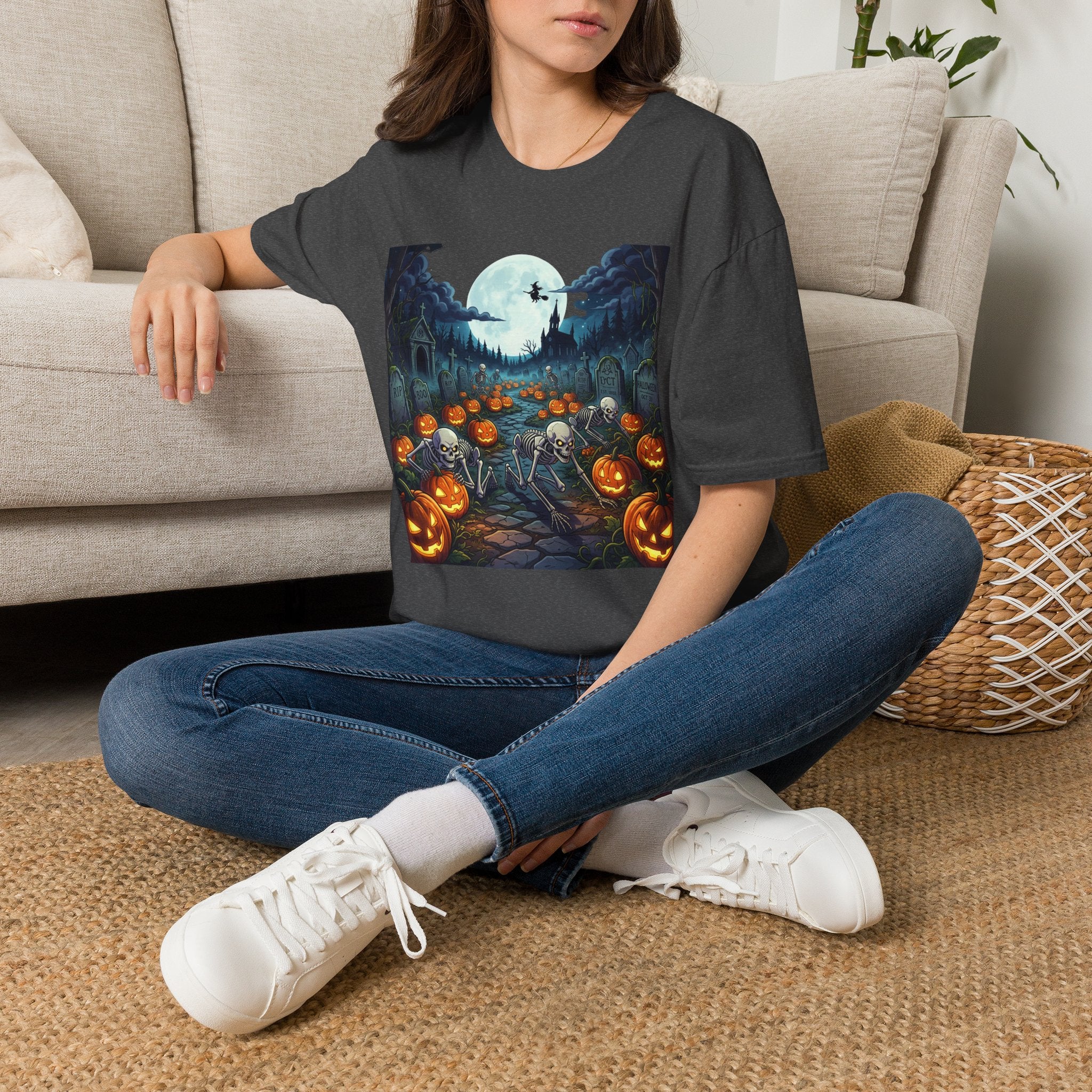 Halloween Pumpkin Patch T-Shirt — Haunted Moonlit Cemetery Graphic Tee