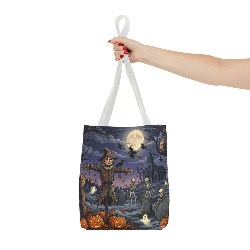 Halloween Haunted Night Tote Bag – Spooky Scarecrow & Skeletons All-Over Print