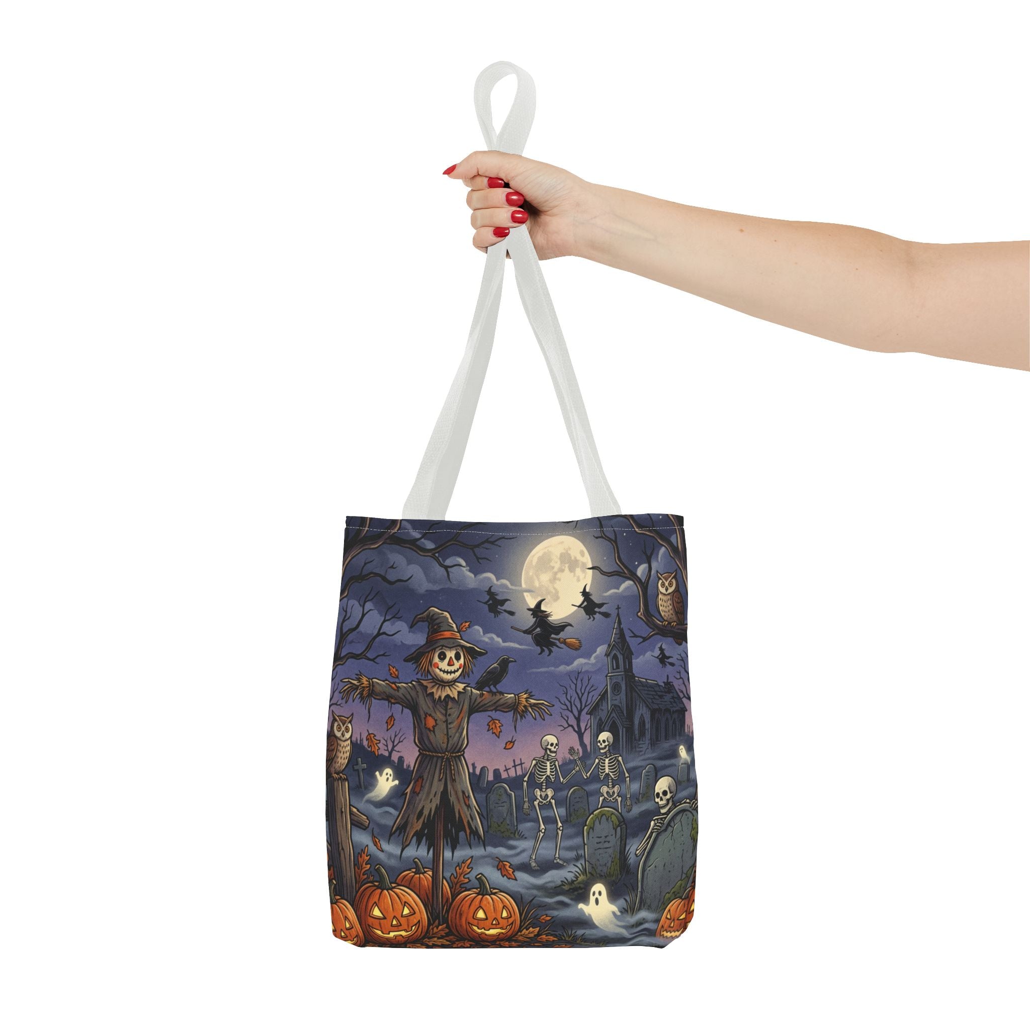 Halloween Haunted Night Tote Bag – Spooky Scarecrow & Skeletons All-Over Print