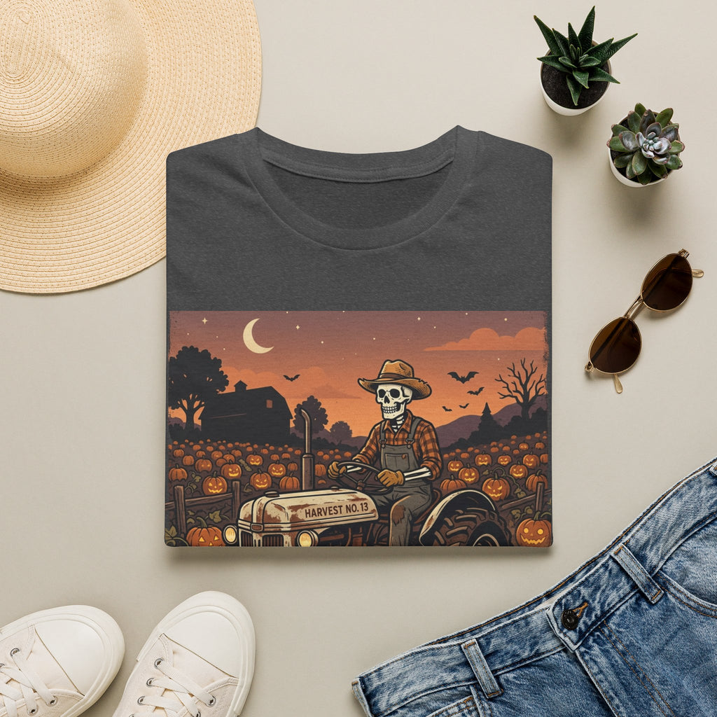 Skeleton Farmer Pumpkin Patch T‑Shirt — Harvest Moon Halloween Tee