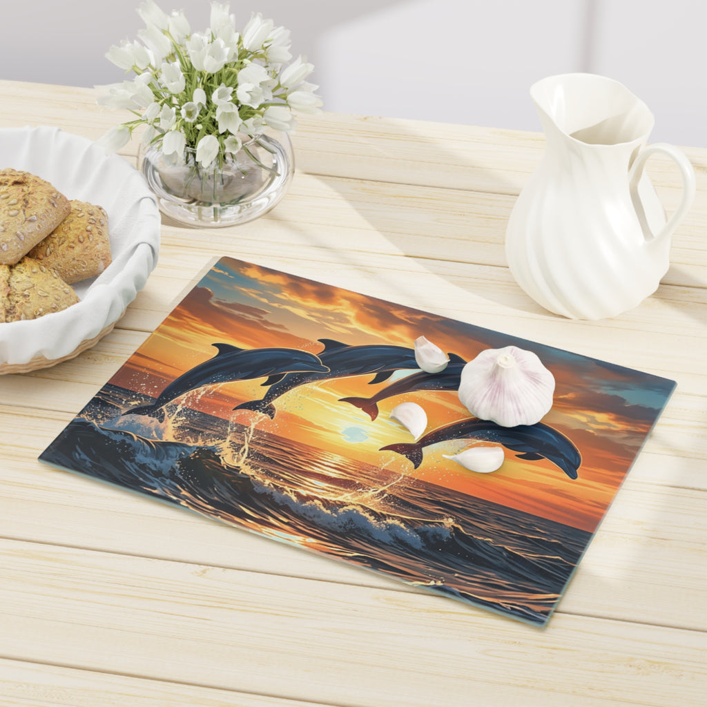 Dolphin Sunset Cutting Board — Ocean Wave Kitchen Decor