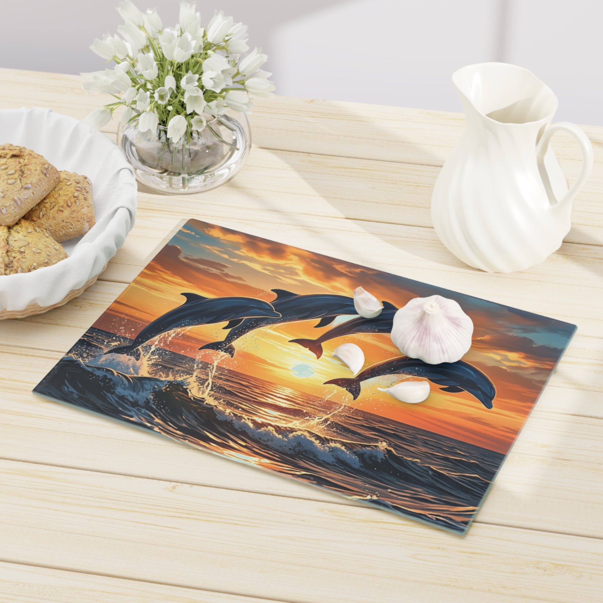 Dolphin Sunset Cutting Board — Ocean Wave Kitchen Decor