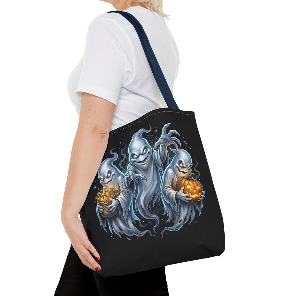 Halloween Ghost Trio Tote Bag — Spooky Pumpkin Trick-or-Treat AOP Tote