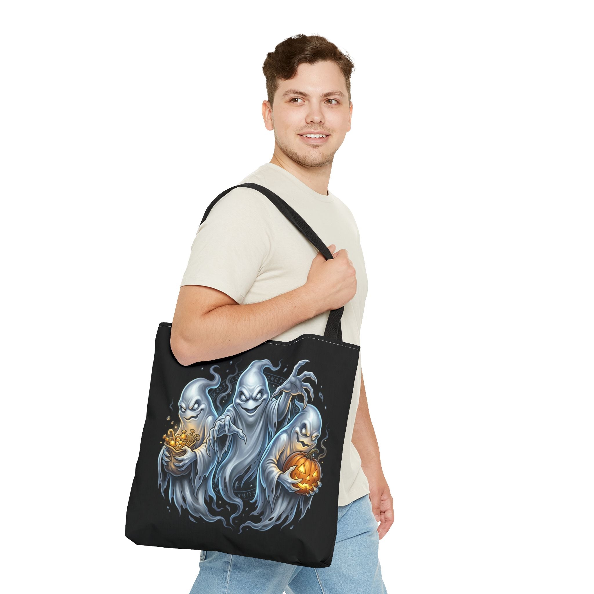 Halloween Ghost Trio Tote Bag — Spooky Pumpkin Trick-or-Treat AOP Tote