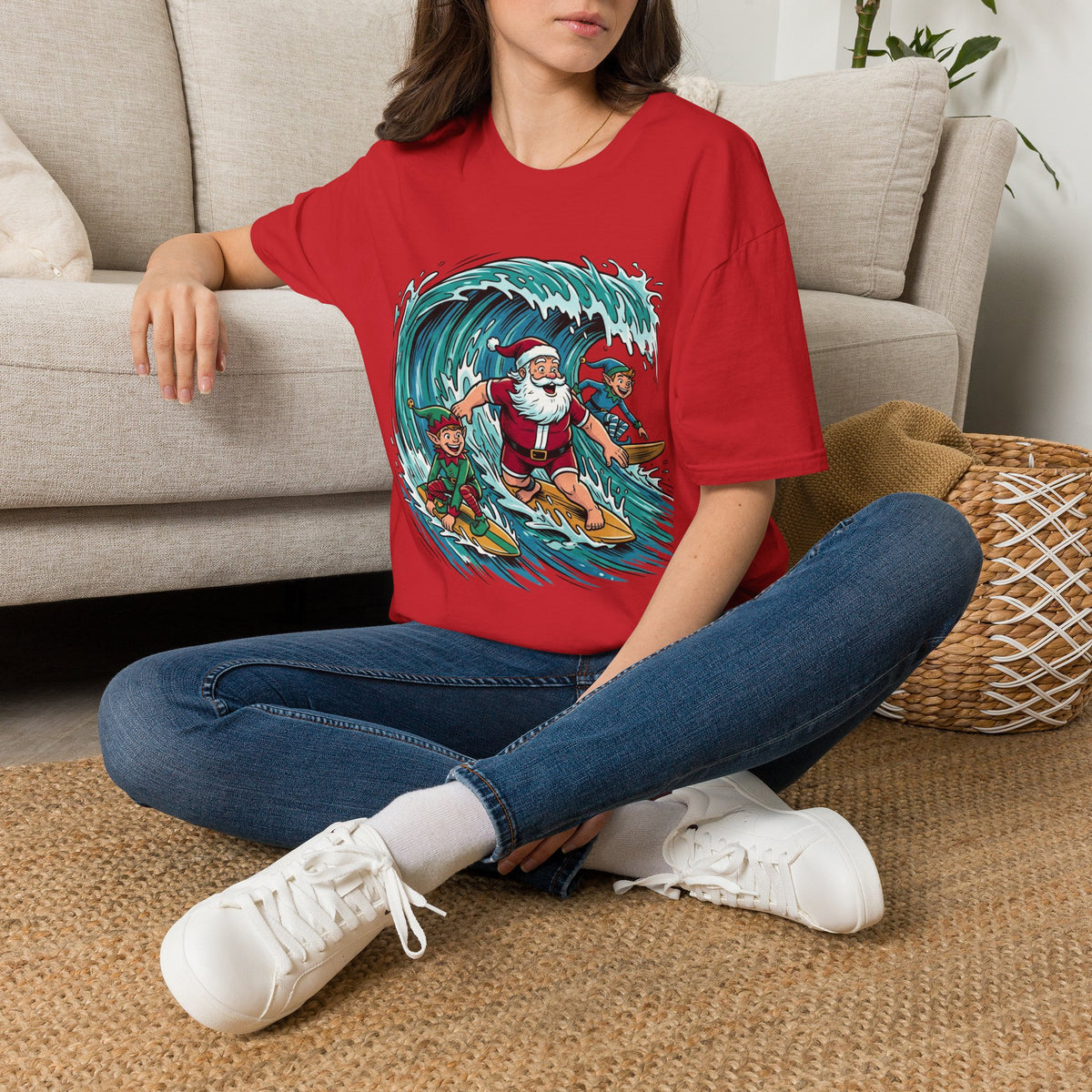 Surfing Santa T-Shirt — Christmas Beach Holiday Tee