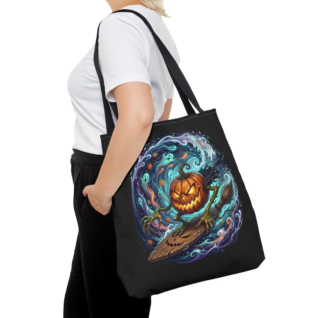 Halloween Surfing Pumpkin Tote Bag — Spooky Jack-o'-Lantern Beach Wave Tote