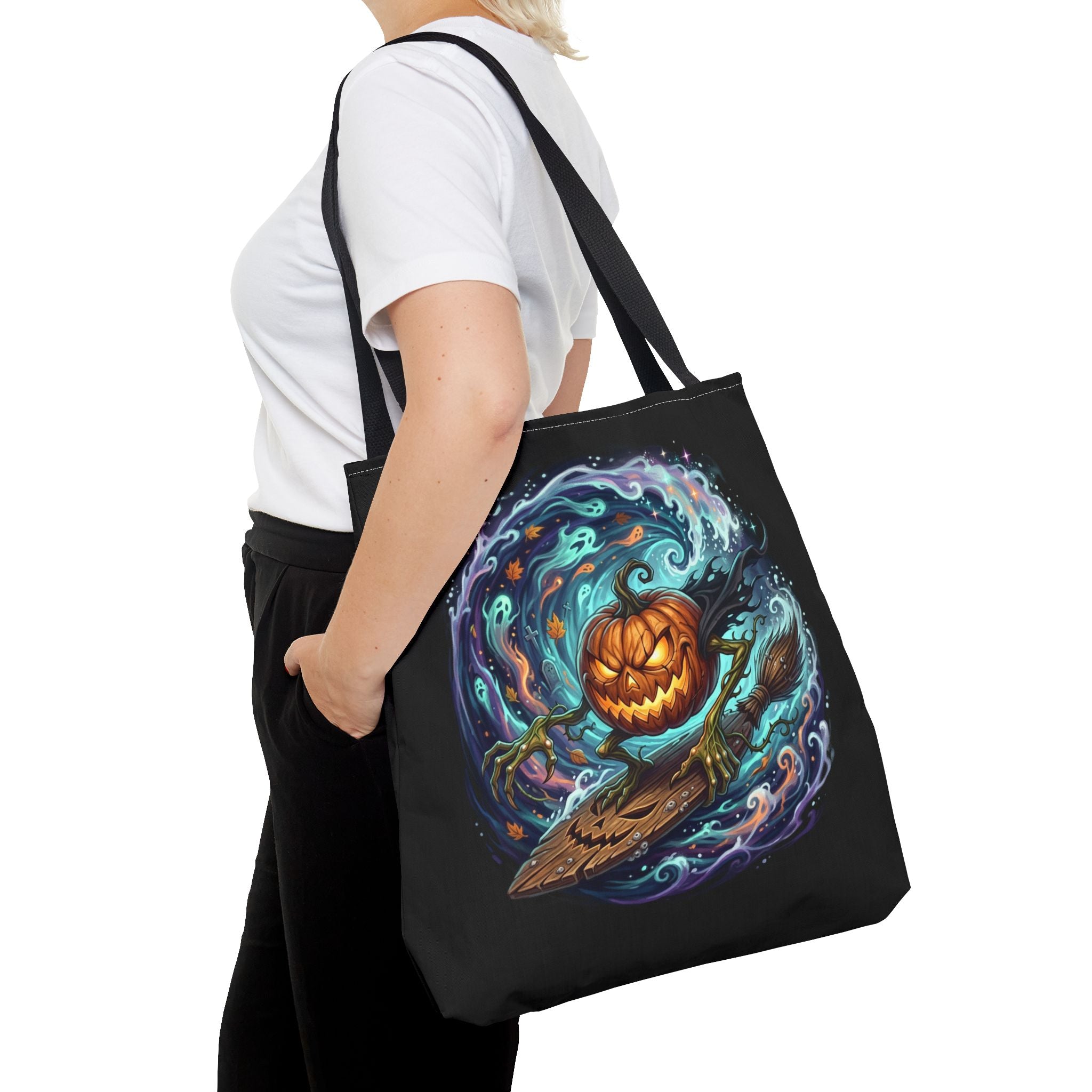 Halloween Surfing Pumpkin Tote Bag — Spooky Jack-o'-Lantern Beach Wave Tote
