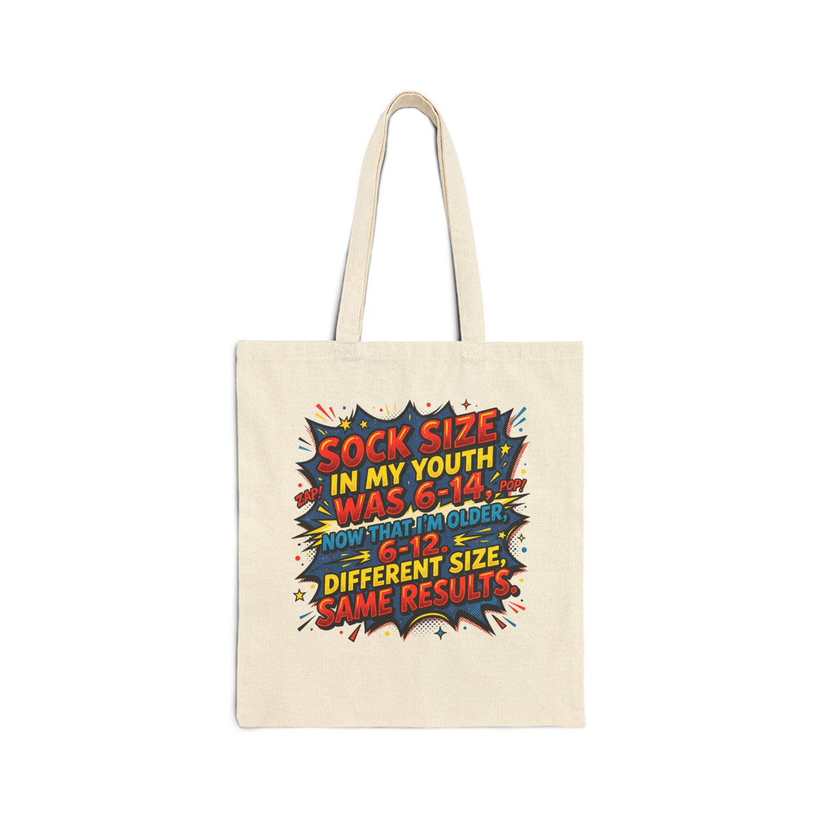 Canvas Tote Bag — Funny Retro Comic 'Sock Size in My Youth Was 6–14' Grocery & Gift Tote