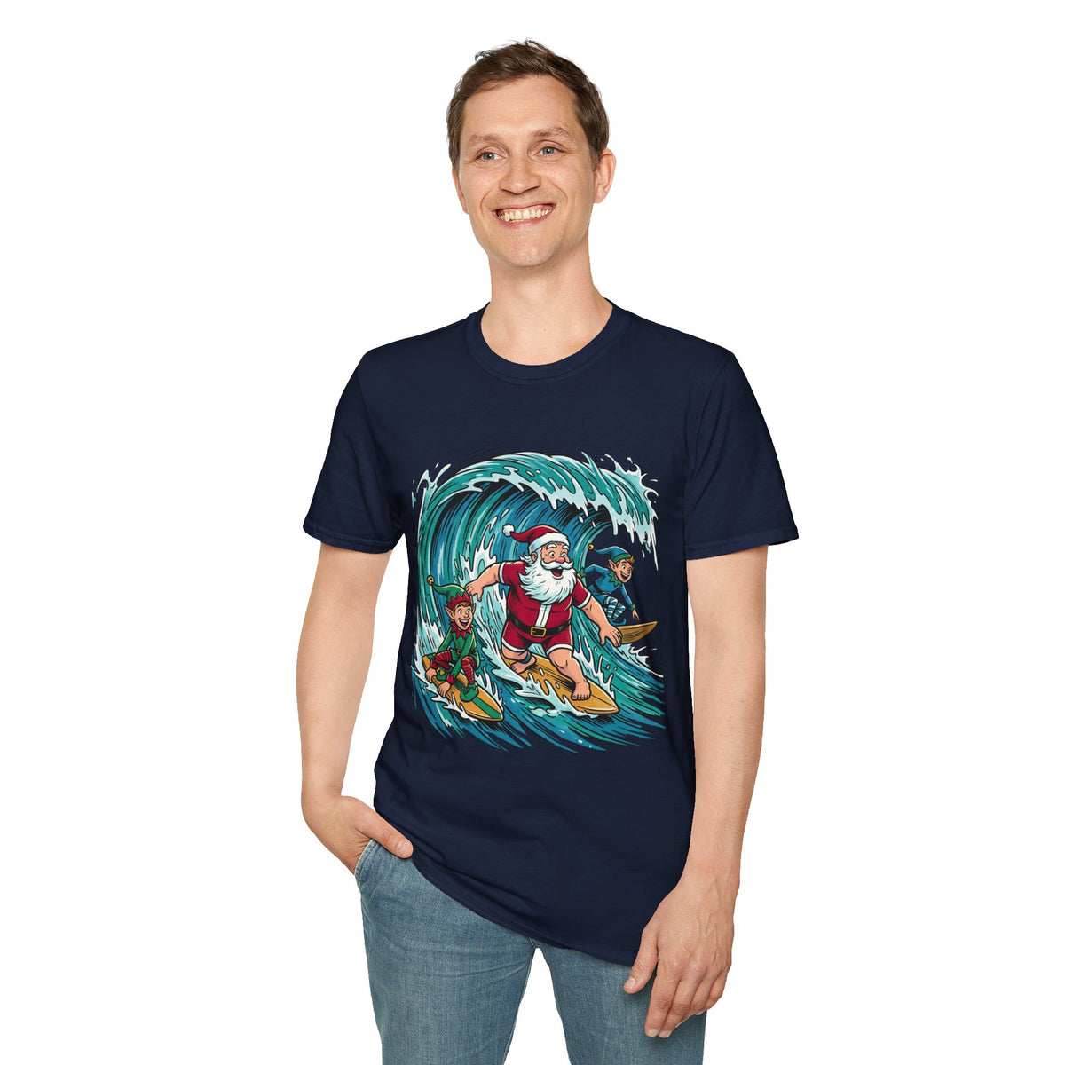 Surfing Santa T-Shirt — Christmas Beach Holiday Tee