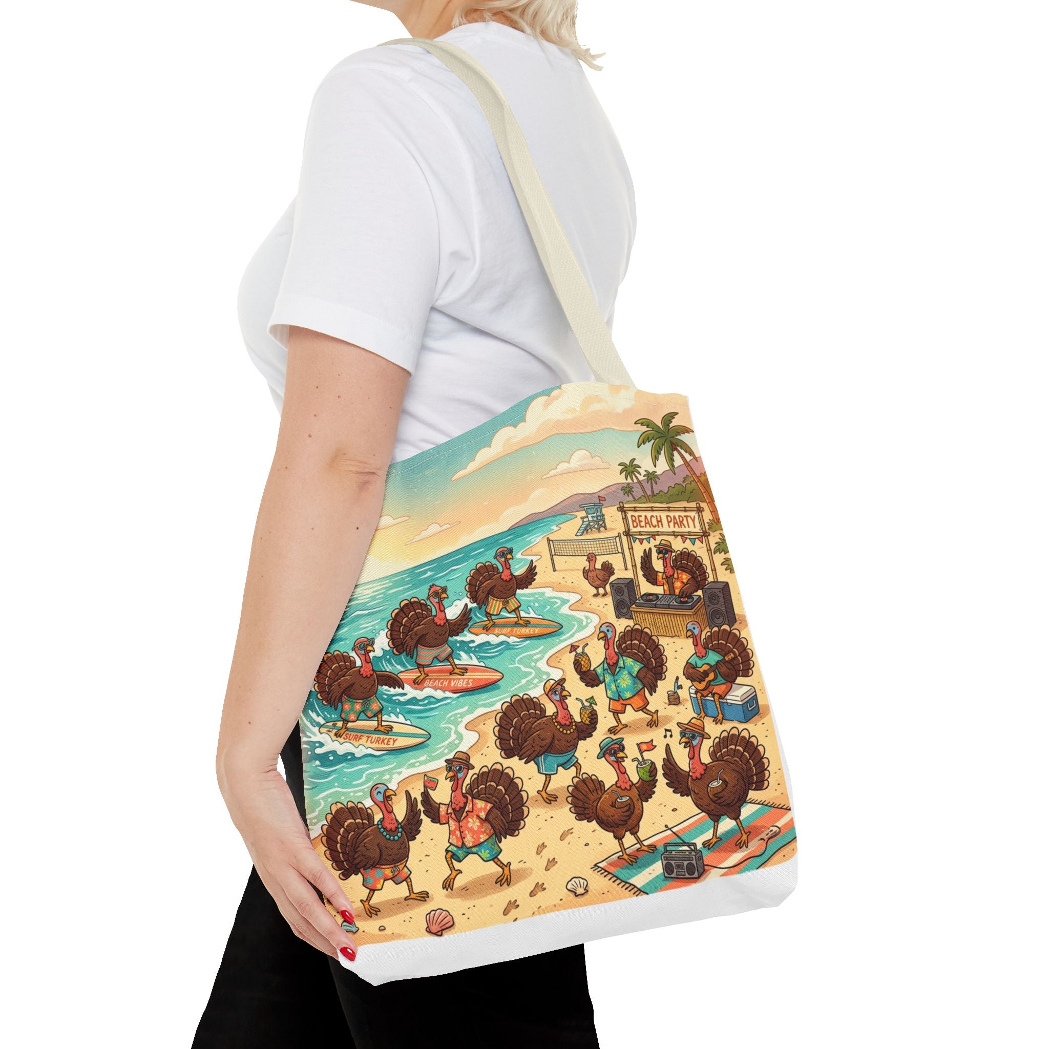 Surfing Turkeys Beach Tote Bag – Funny Thanksgiving Summer Beach Tote
