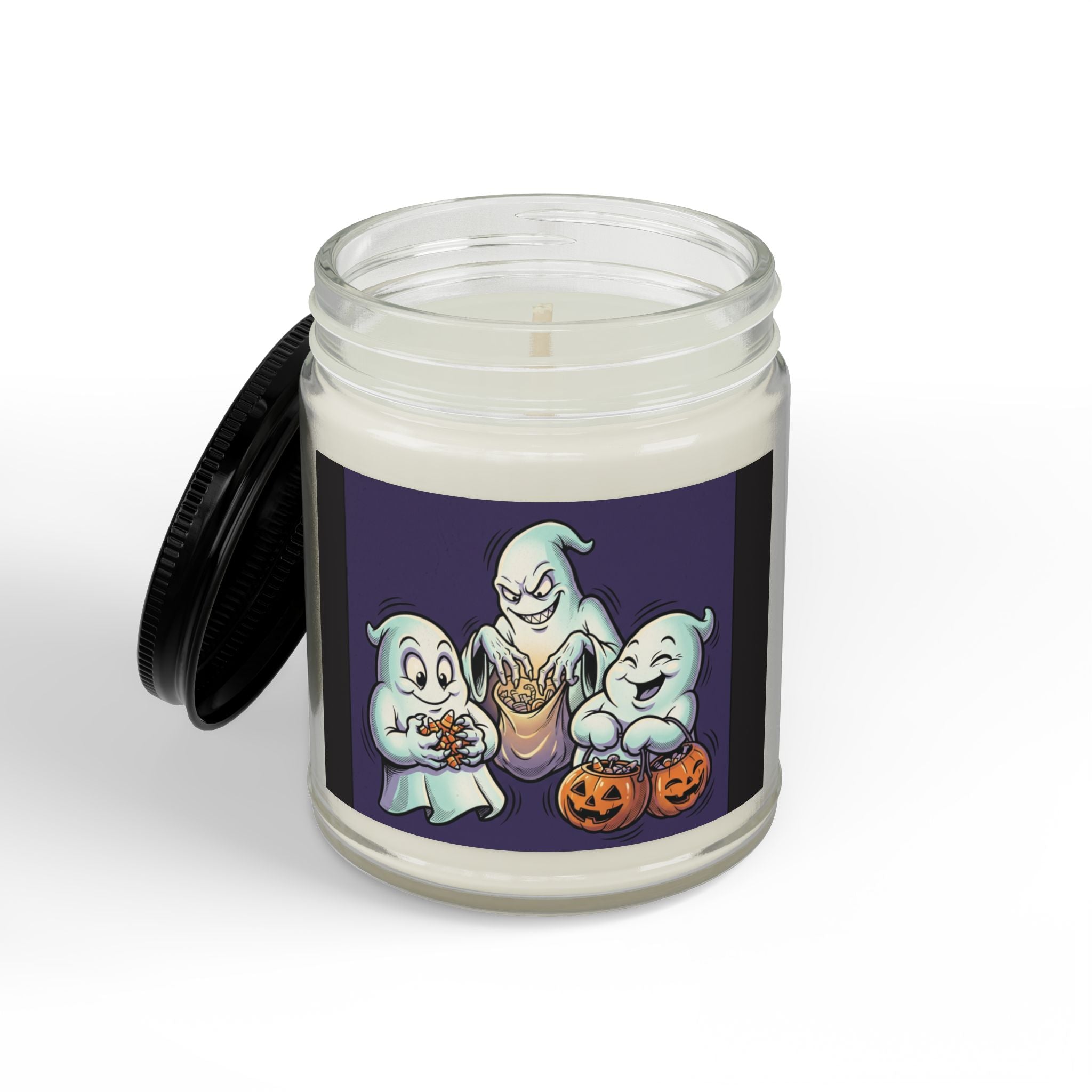 THREE GREEDY GHOST HALLOWEEN Scented Soy Candles with Black Lid, (4 and 9oz)