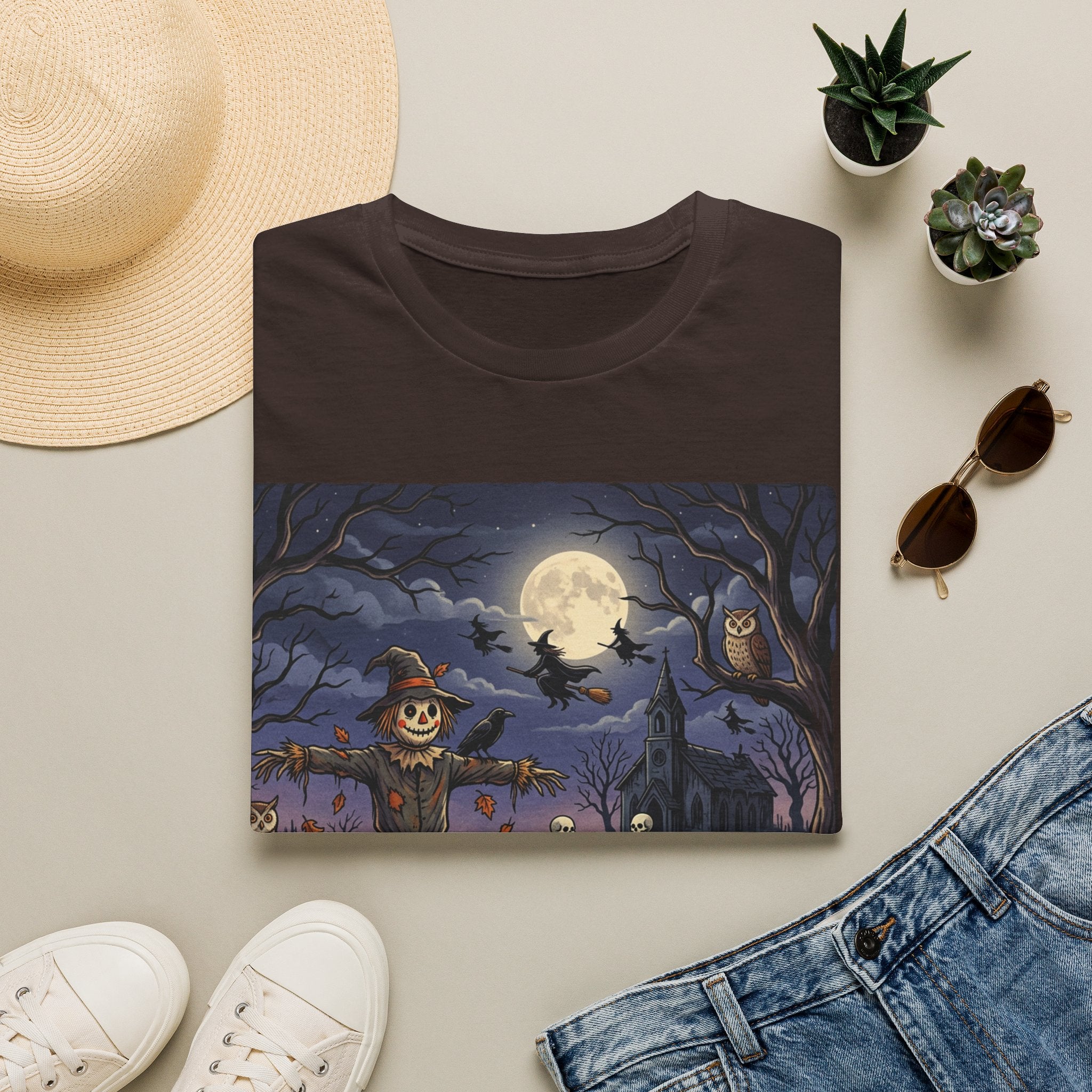 Halloween Night T-Shirt — Spooky Scarecrow & Full Moon Scene