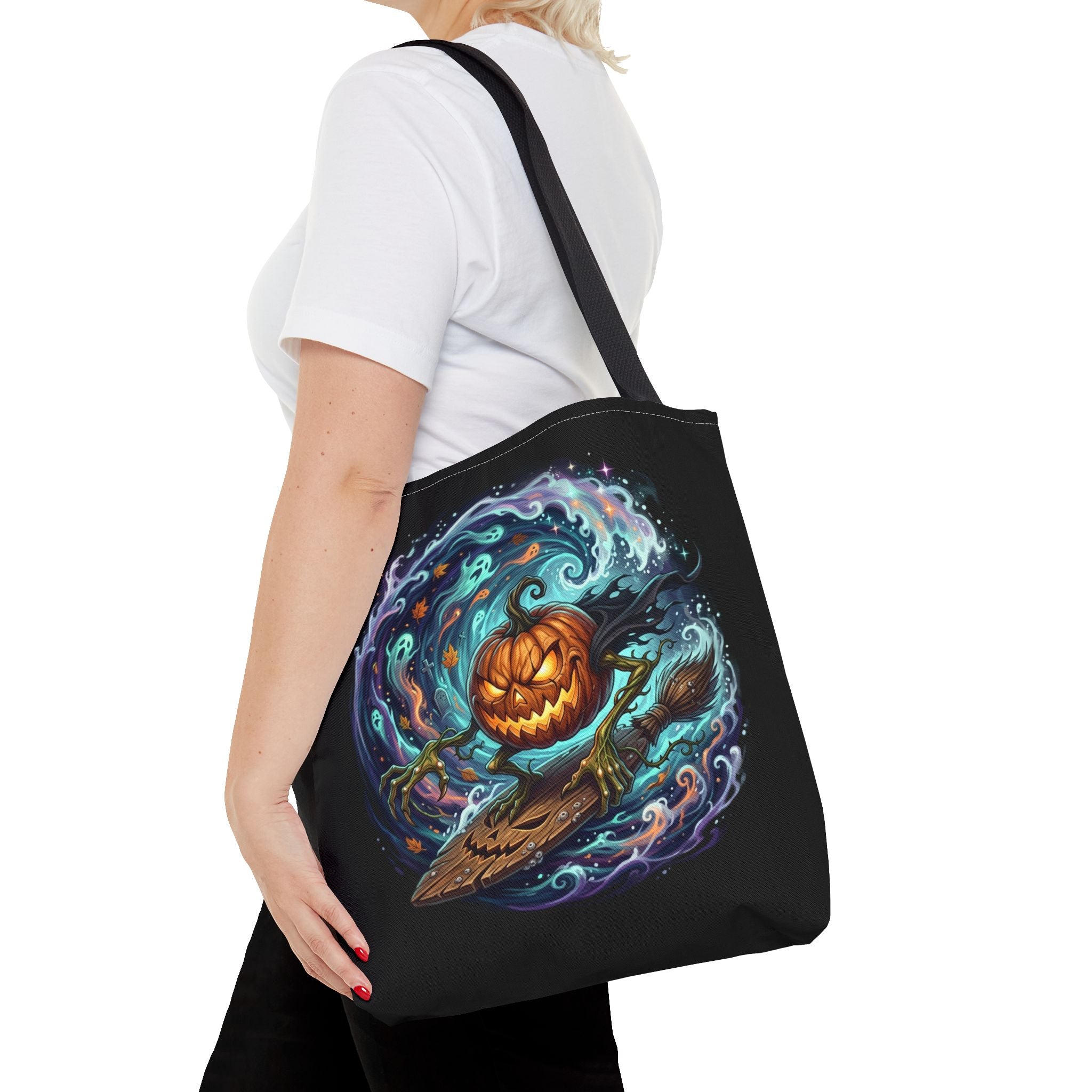 Halloween Surfing Pumpkin Tote Bag — Spooky Jack-o'-Lantern Beach Wave Tote