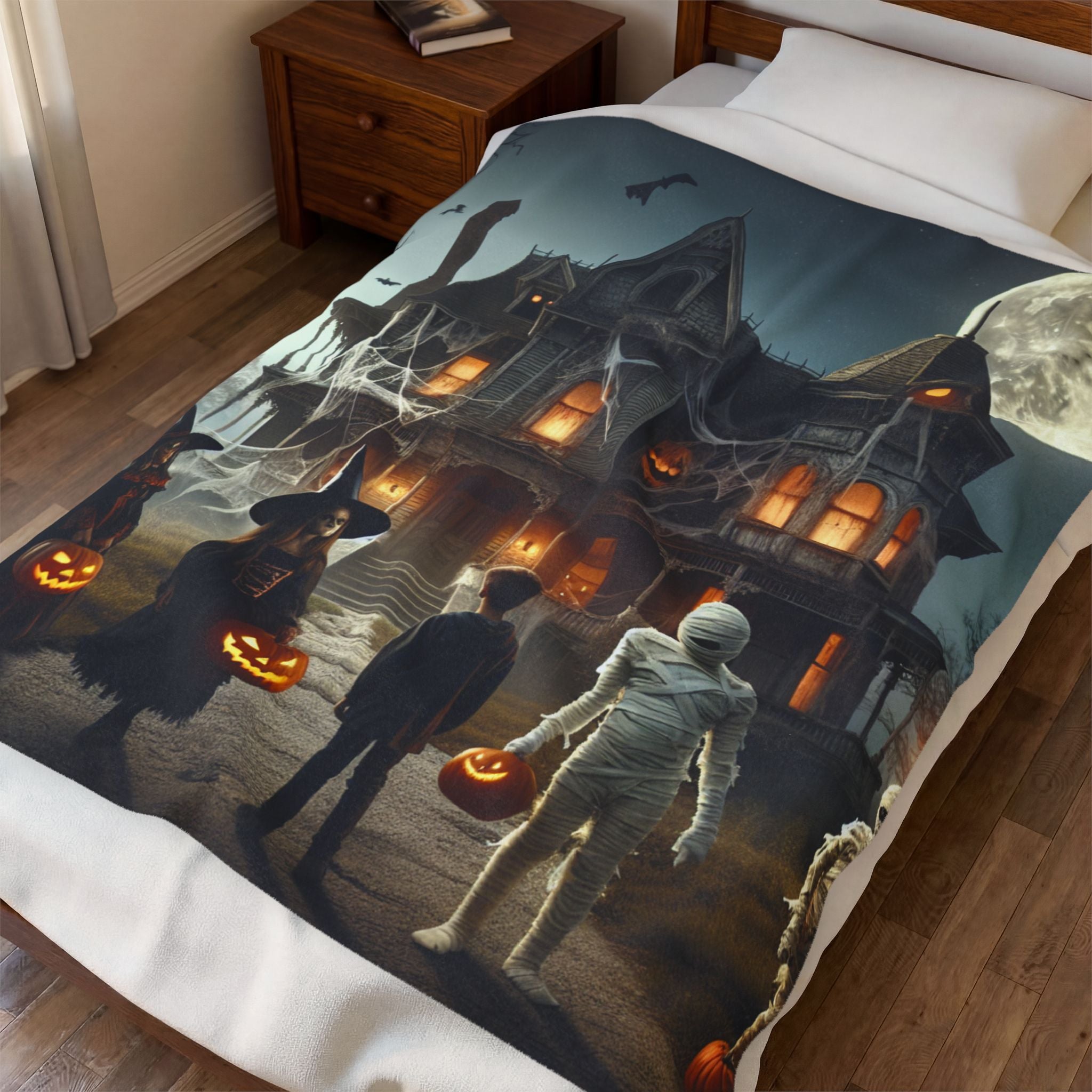 Haunted House Trick-or-Treat Halloween Velveteen Plush Blanket