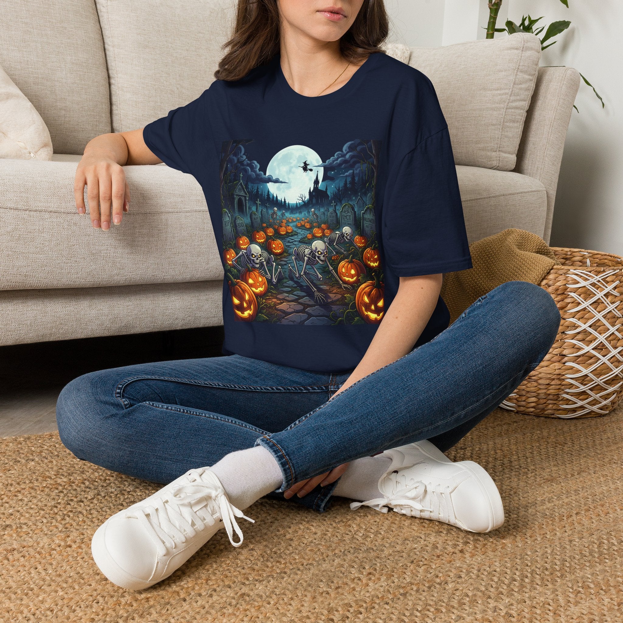 Halloween Pumpkin Patch T-Shirt — Haunted Moonlit Cemetery Graphic Tee