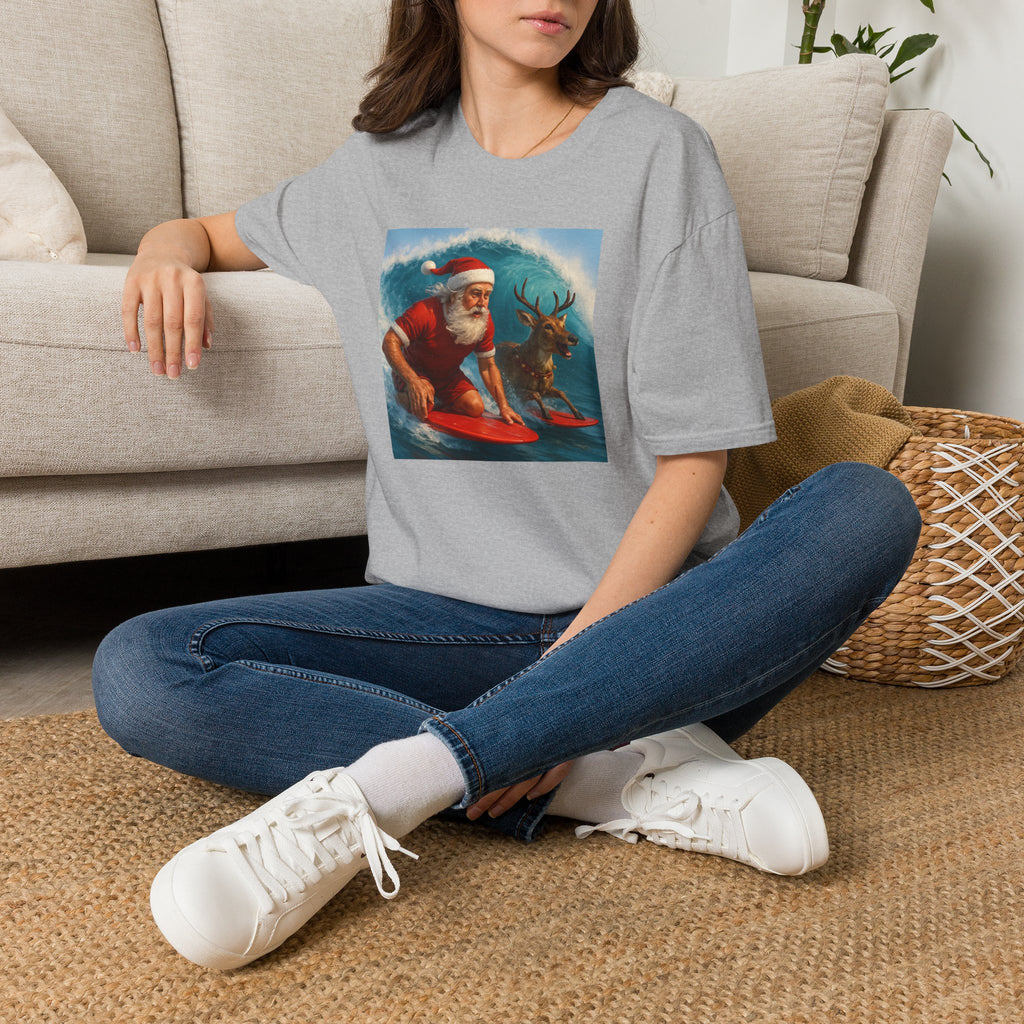 Santa Surfing T-Shirt — Retro Santa and Reindeer Surf Holiday Tee