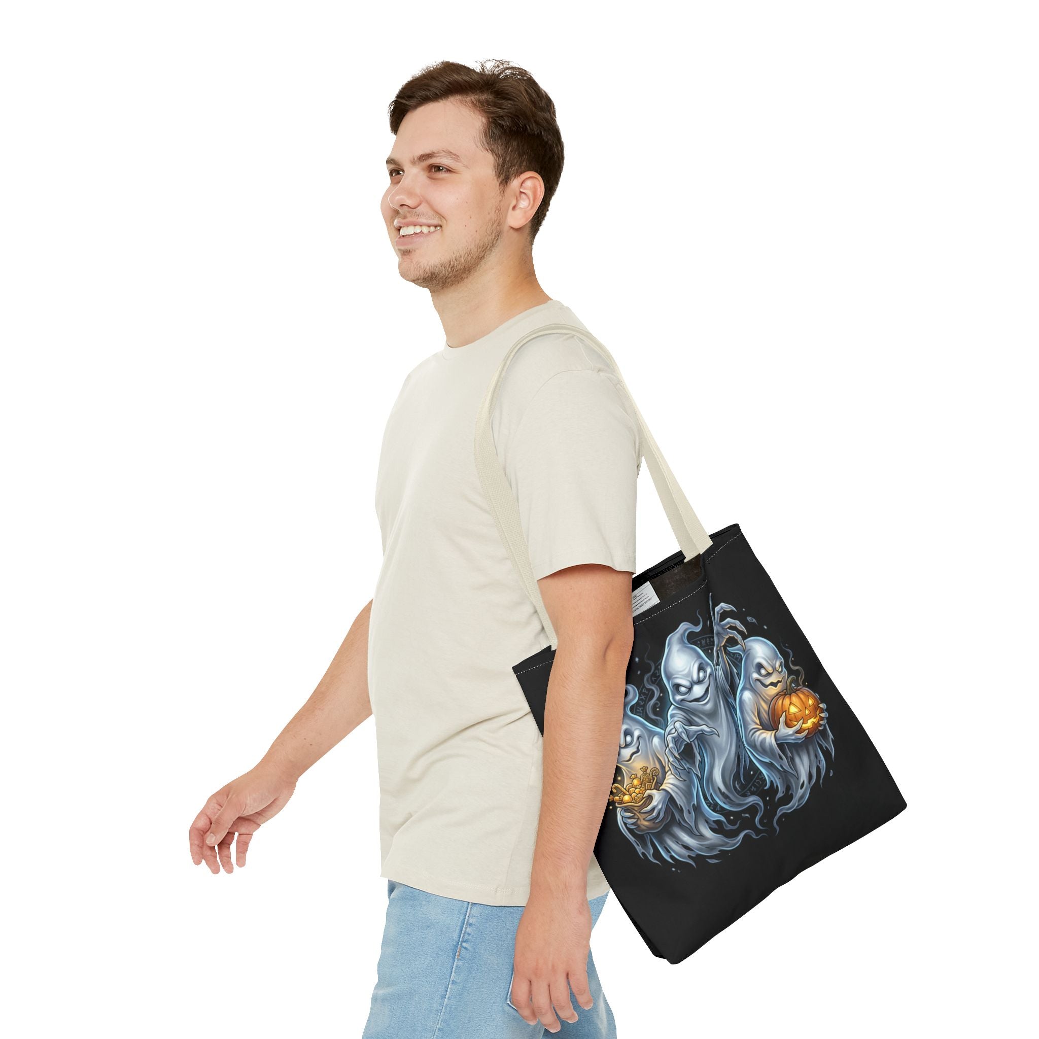 Halloween Ghost Trio Tote Bag — Spooky Pumpkin Trick-or-Treat AOP Tote