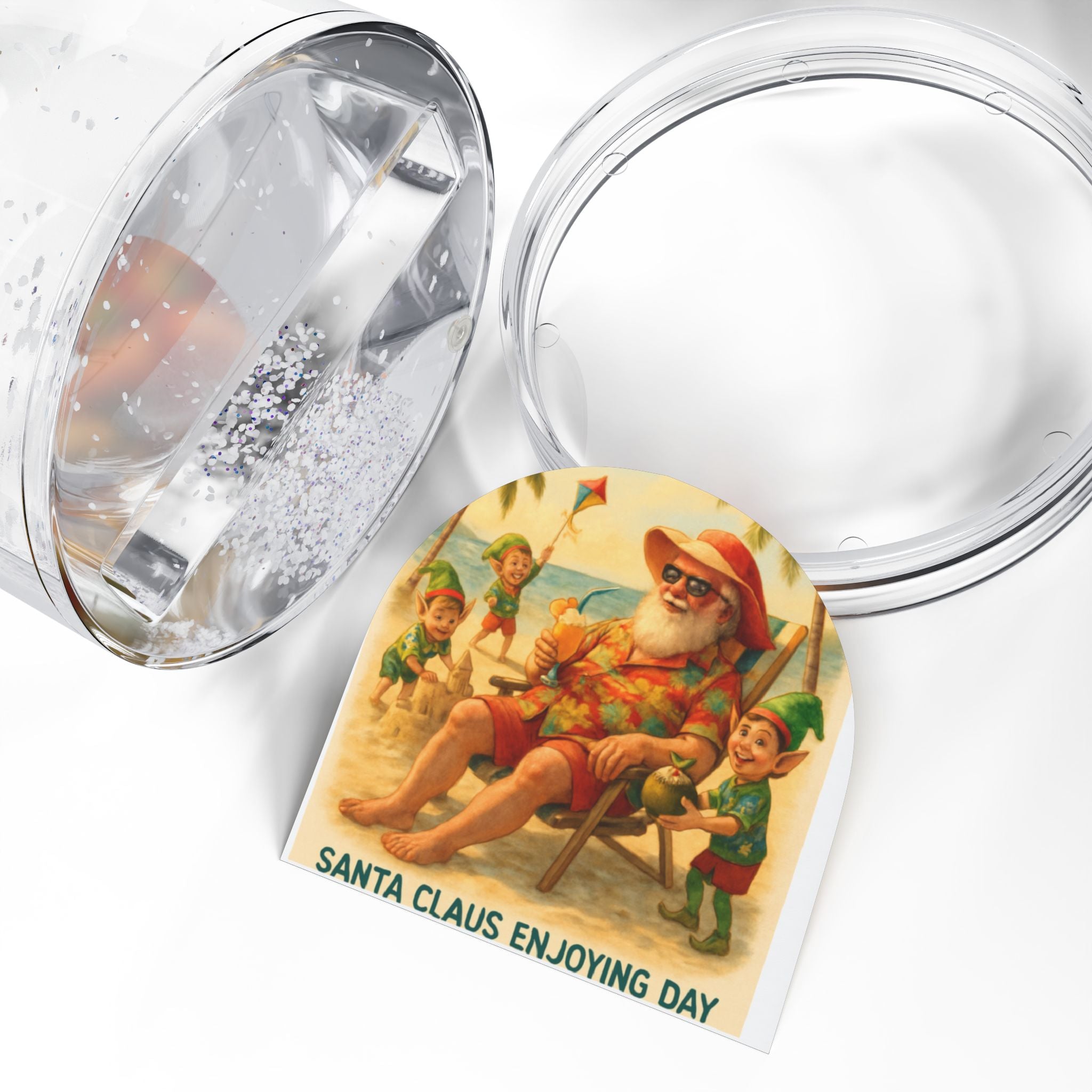 Santa on Vacation Snow Globe — Vintage Beach Holiday Decor